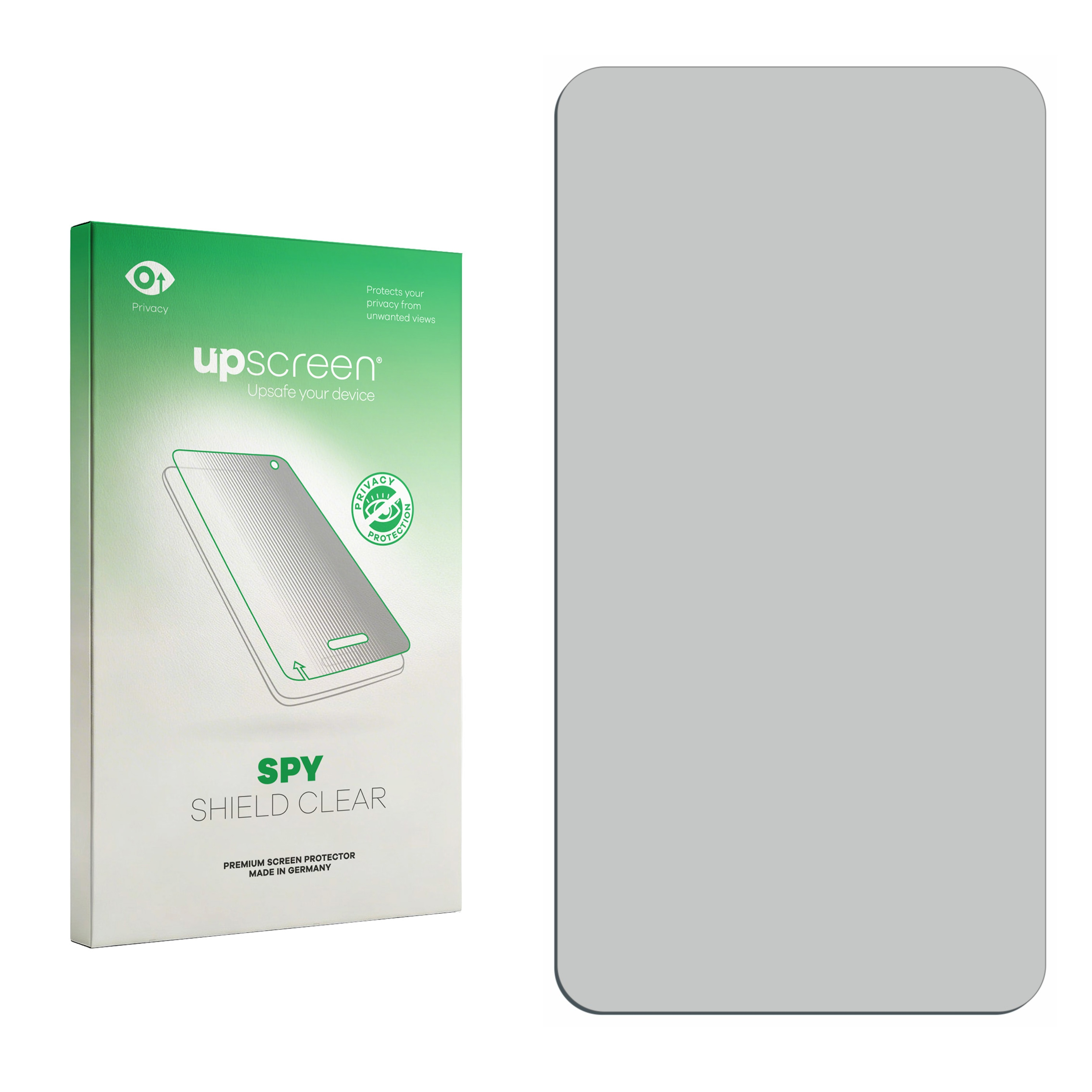 Verpackung und Displayschutzfolie für ein Smartphone. Grüne Verpackung mit "upscreen" Logo.