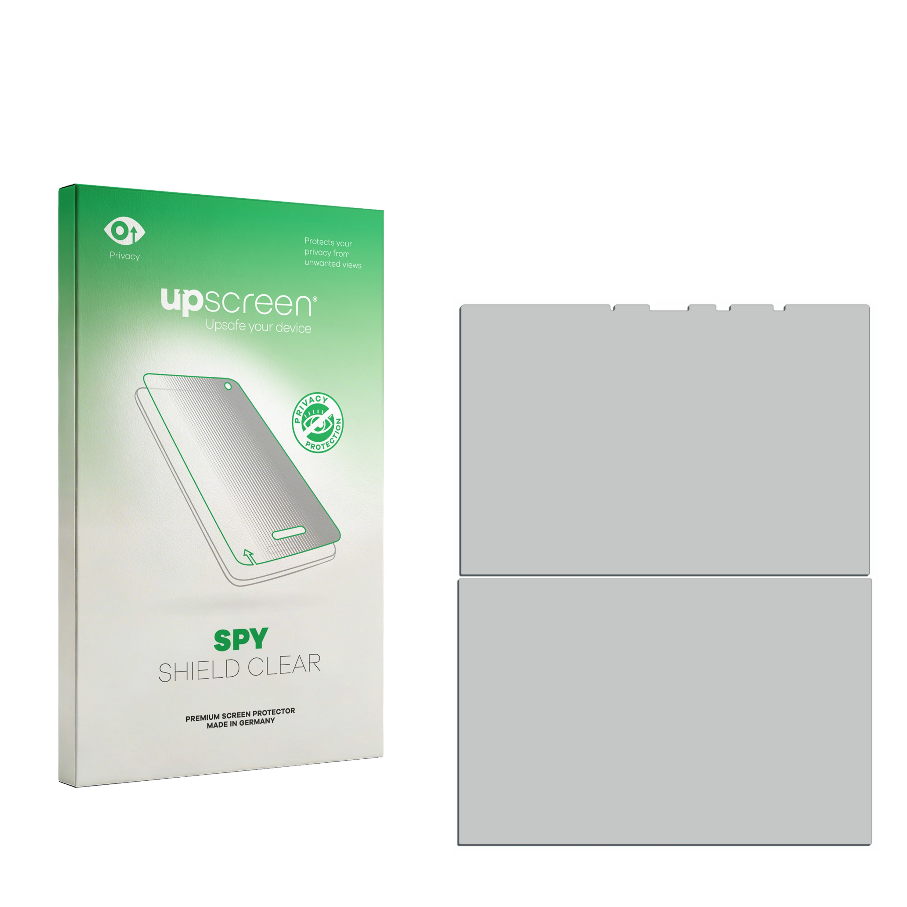 Verpackung für einen Displayschutz mit dem Aufdruck 'upscreen SPY SHIELD CLEAR'.