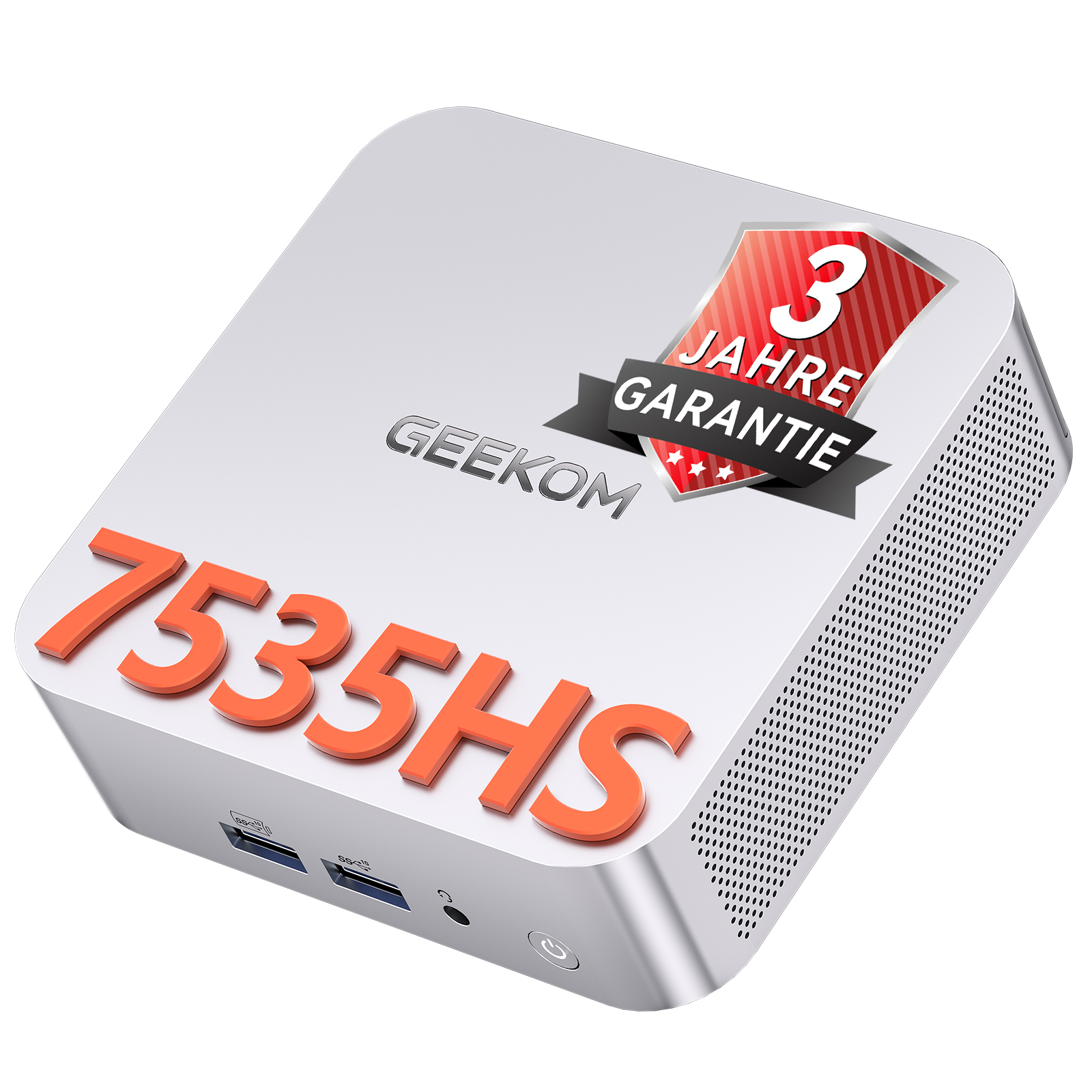 Silberner GEEKOM Mini-PC mit orangenem Text 7535HS und 3 Jahre Garantie.