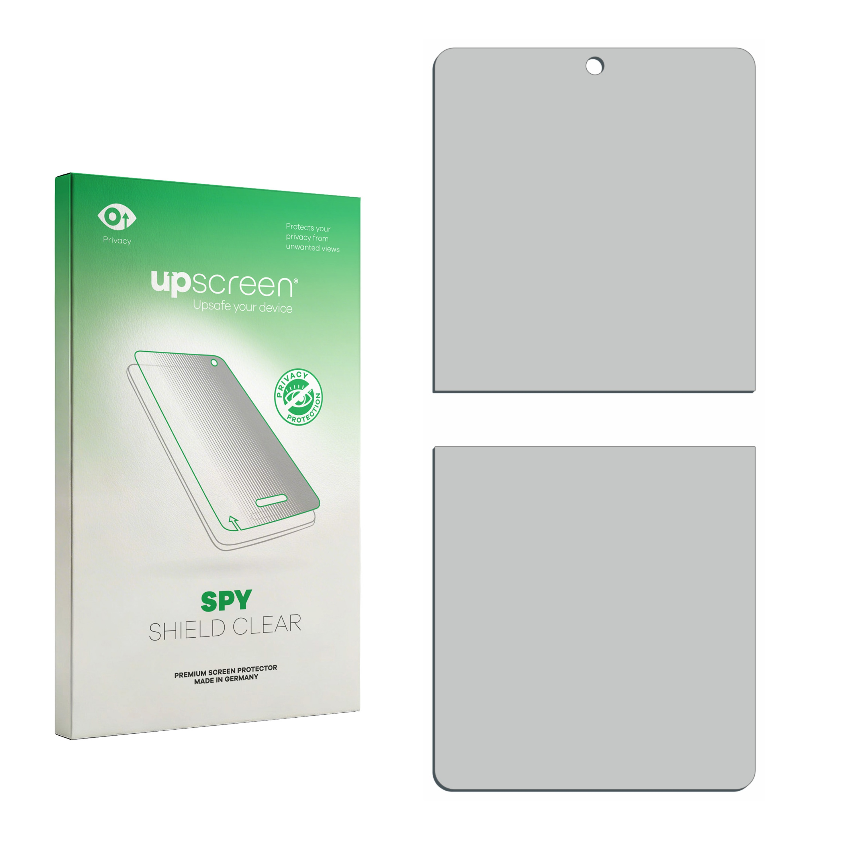 Verpackung eines Upscreen Spy Shield Clear Displayschutzs mit zwei grauen Rechtecken.
