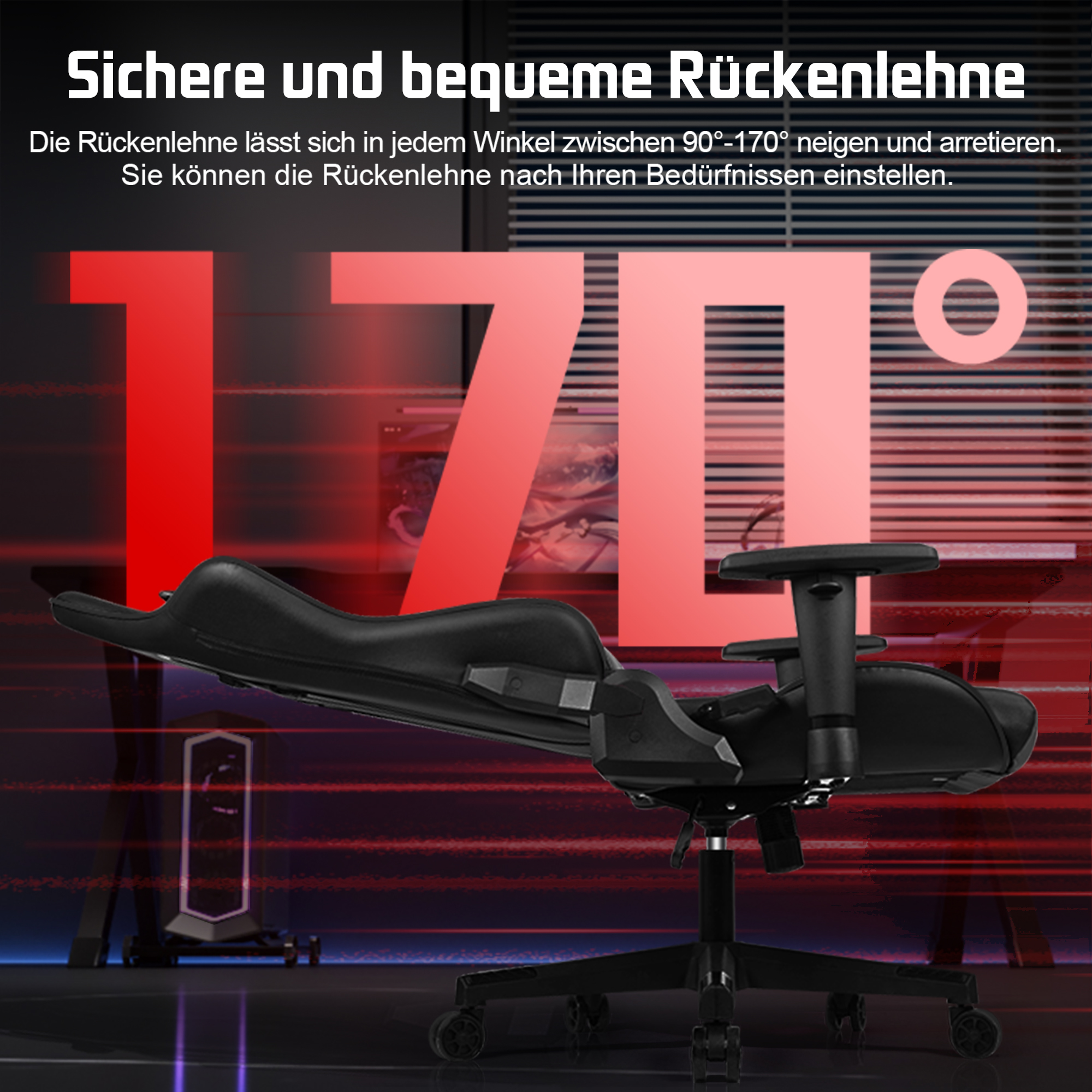 Schwarzer Bürostuhl mit verstellbarer Rückenlehne, Neigung 90°-170°.