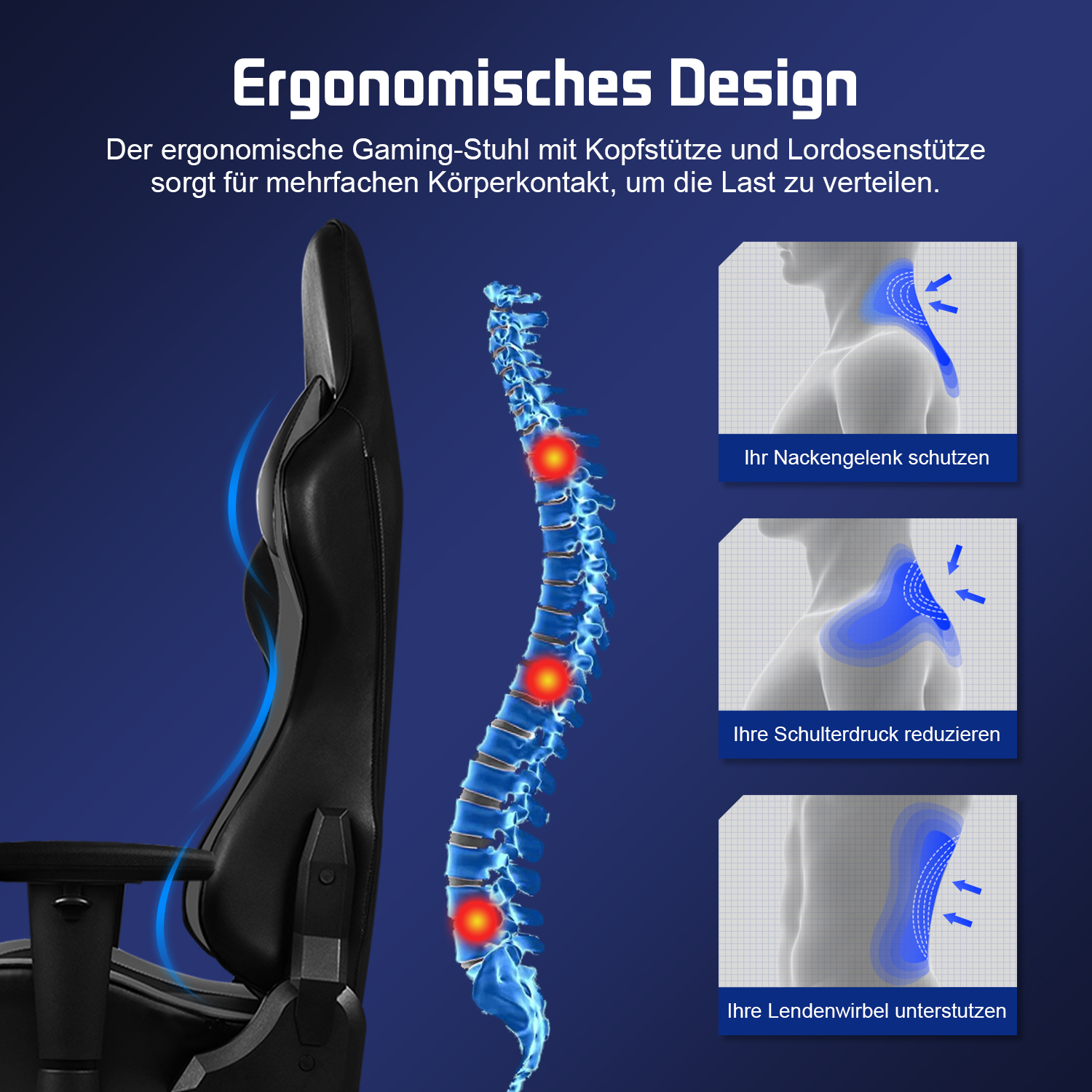 Ergonomischer Stuhl mit Wirbelsäulen-Grafik, die Nacken, Schultern und Lendenwirbel zeigt.