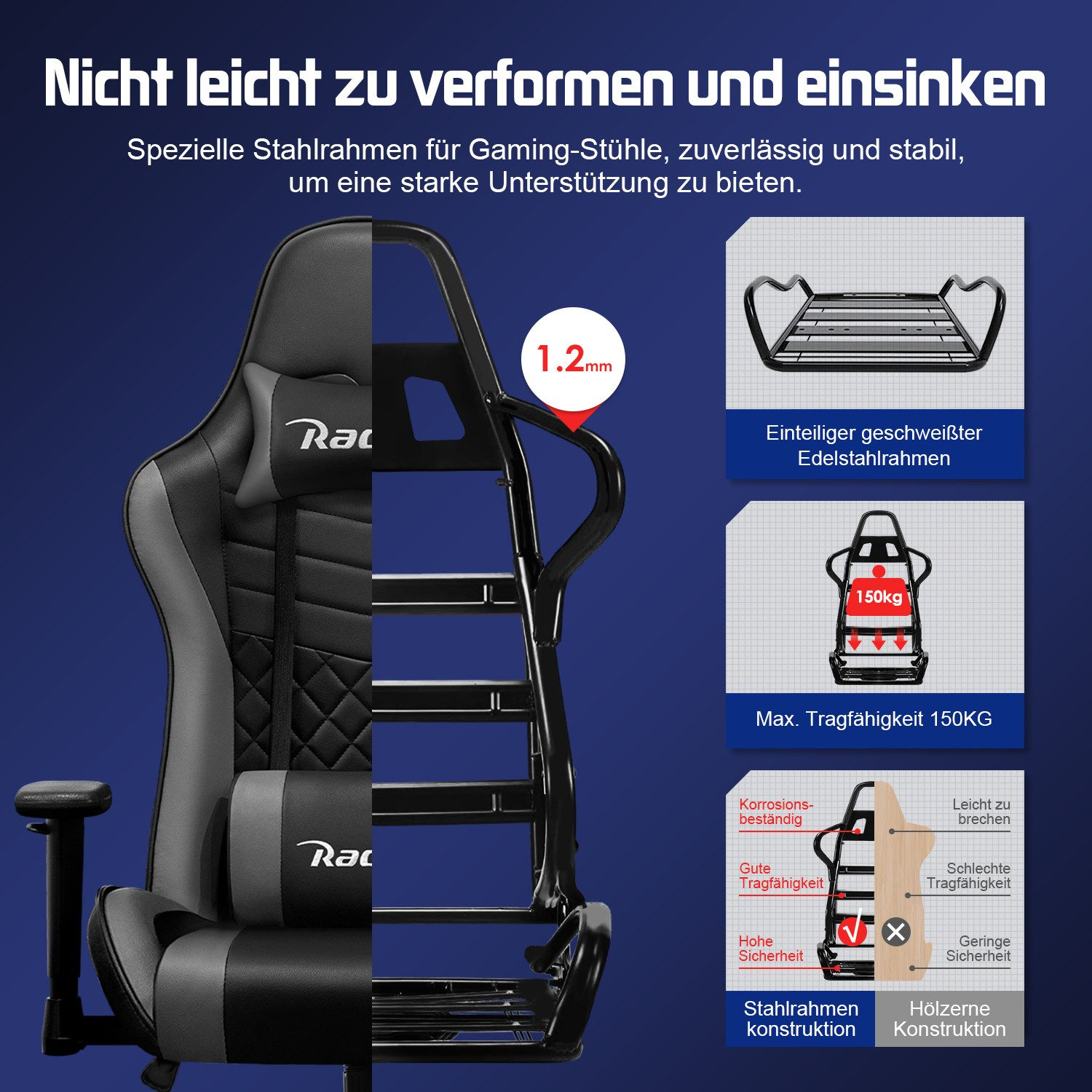 Gaming-Stuhl mit Stahlrahmen, 1.2mm dick, 150kg Tragfähigkeit.