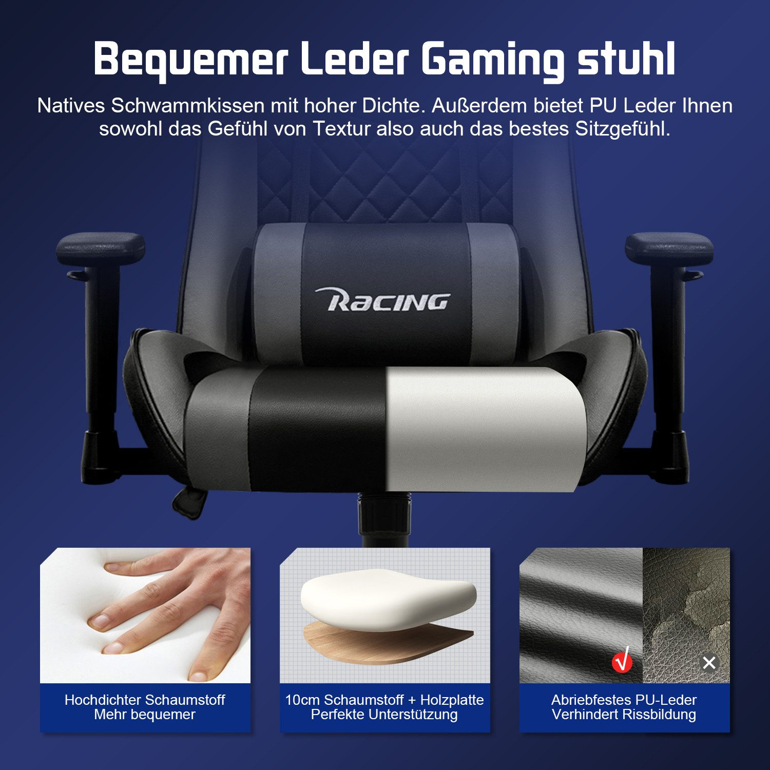 Schwarzer Gaming-Stuhl mit Polsterung, Schaumstoff und PU-Leder Details.