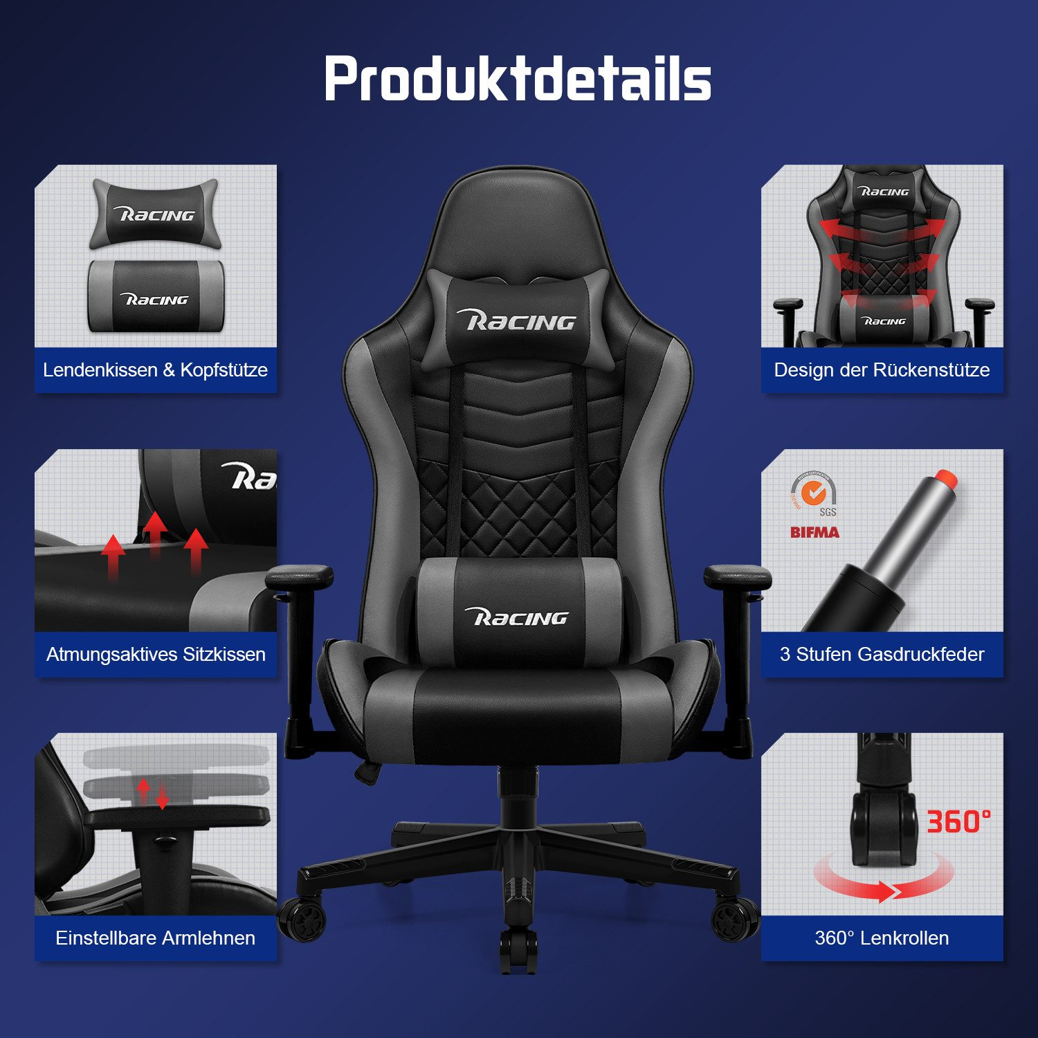 Ein schwarzer und grauer Gaming-Stuhl mit mehreren detaillierten Ansichten von Funktionen.