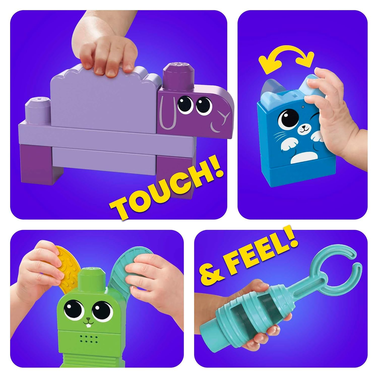 Manos de niños construyen e interactúan con bloques de construcción y juguetes.
