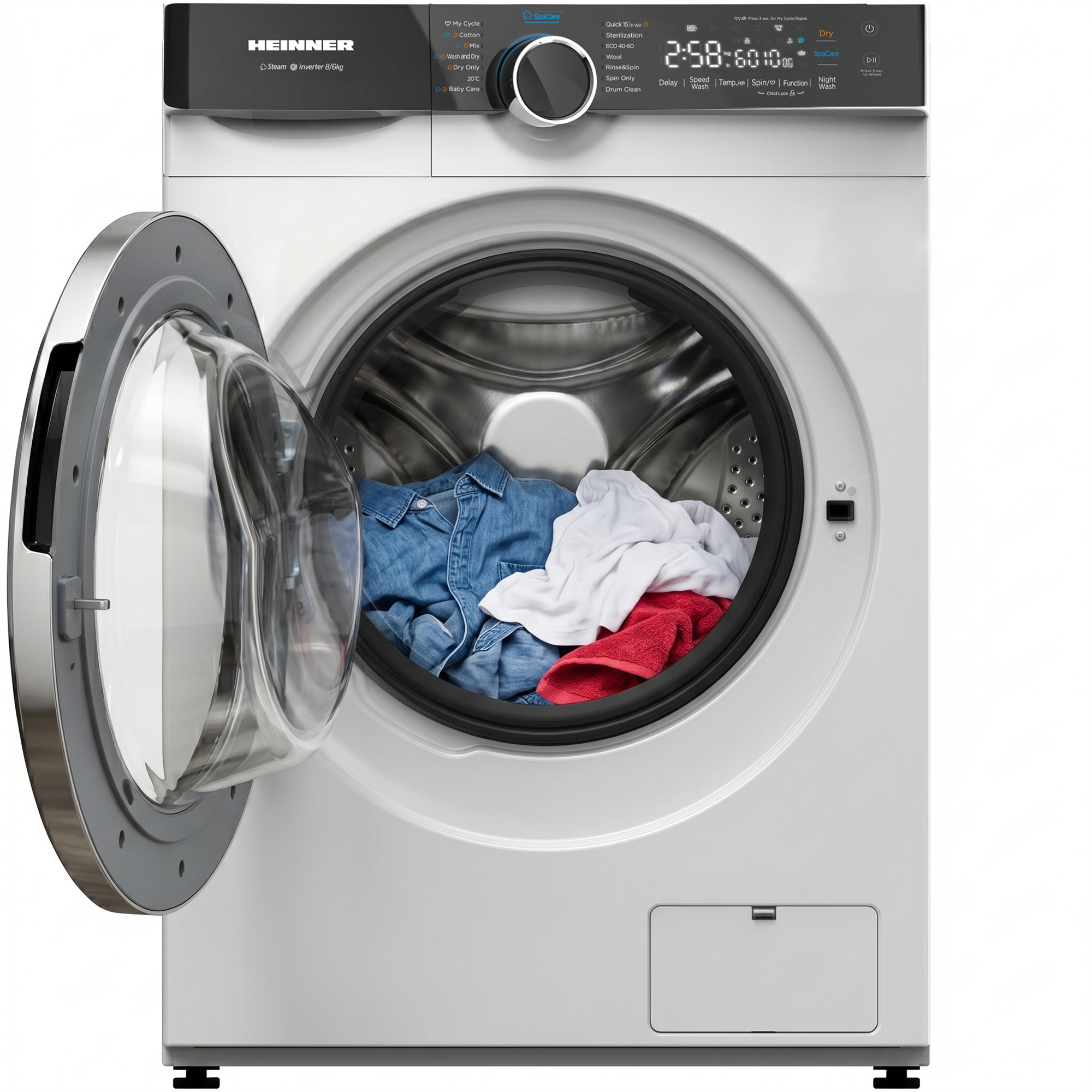 Eine weiße Waschmaschine mit offener Tür, gefüllt mit Kleidung.