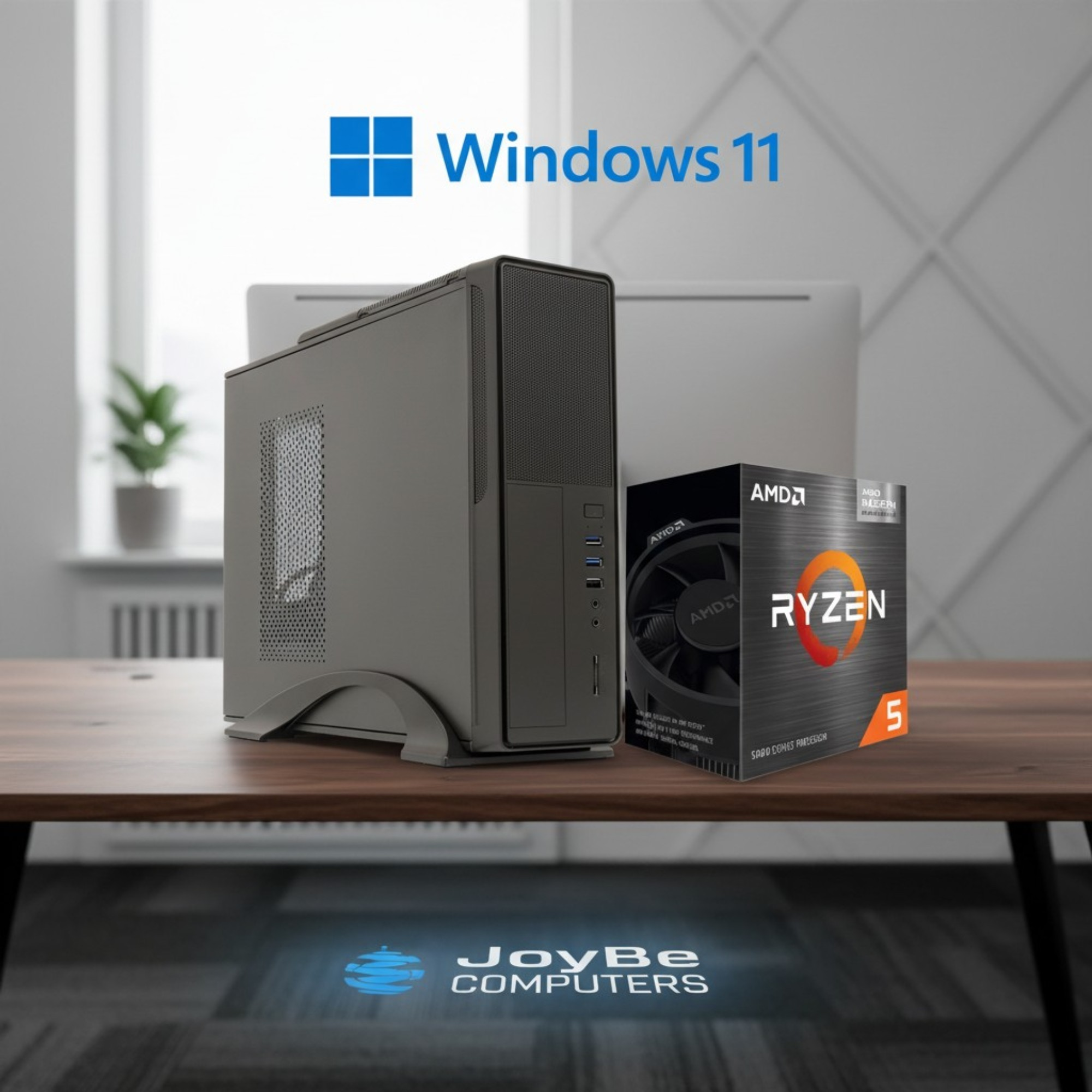Logo de Windows 11, torre de PC gris, caja de CPU AMD Ryzen 5, sobre escritorio madera.