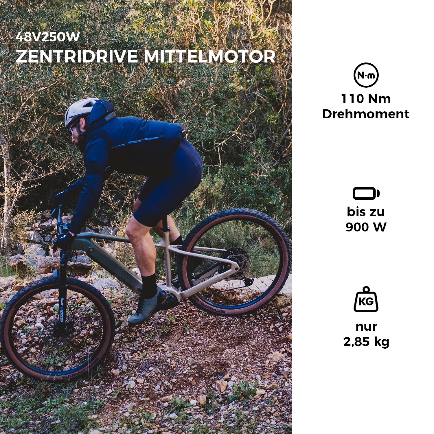 Mann fährt Mountainbike im Freien. Spezifikationen: 48V 250W Mittelmotor, 110 Nm, 900 W, 2,85 kg.