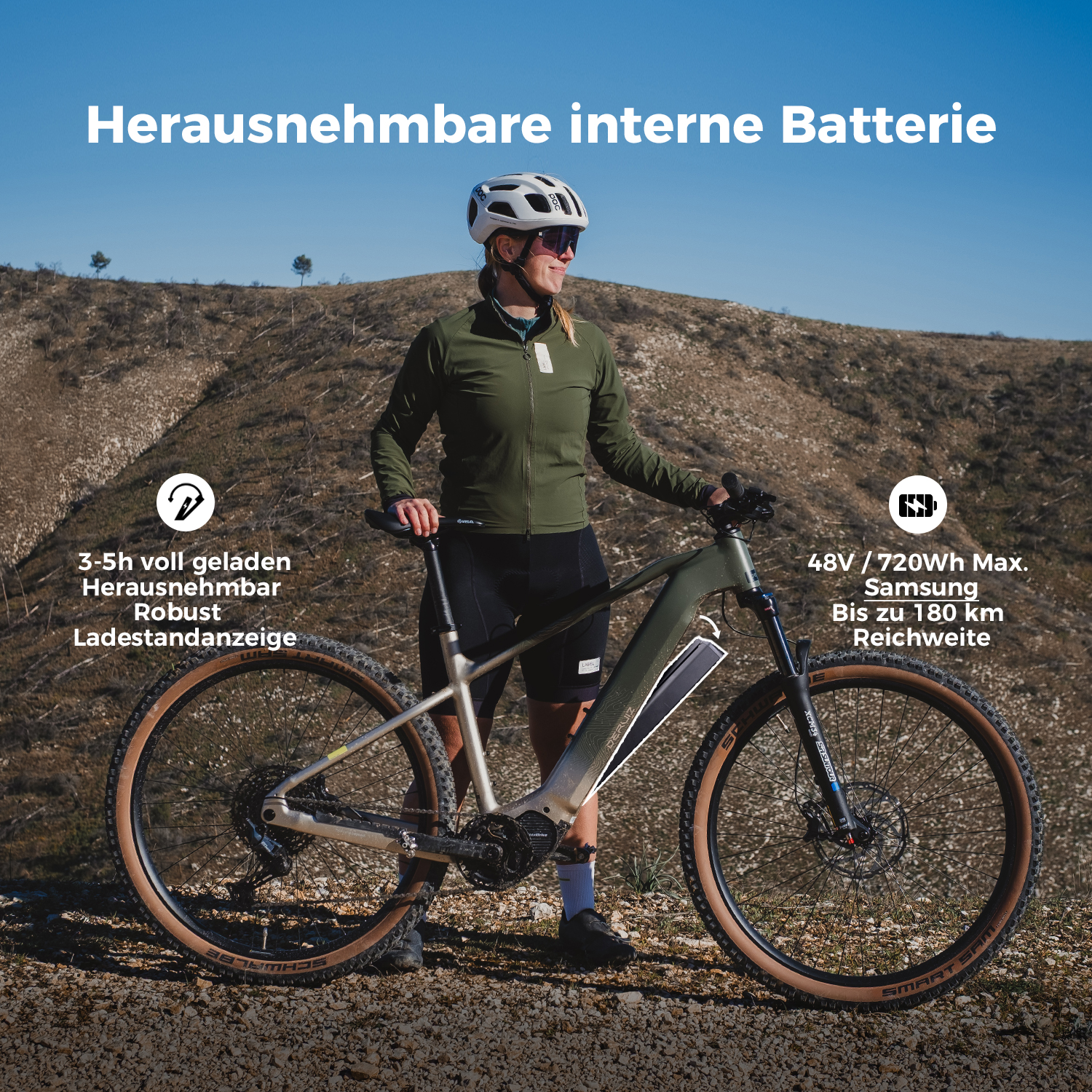 Frau mit E-Bike im Freien, abnehmbare Batterie, 48V/720Wh, 180km Reichweite.