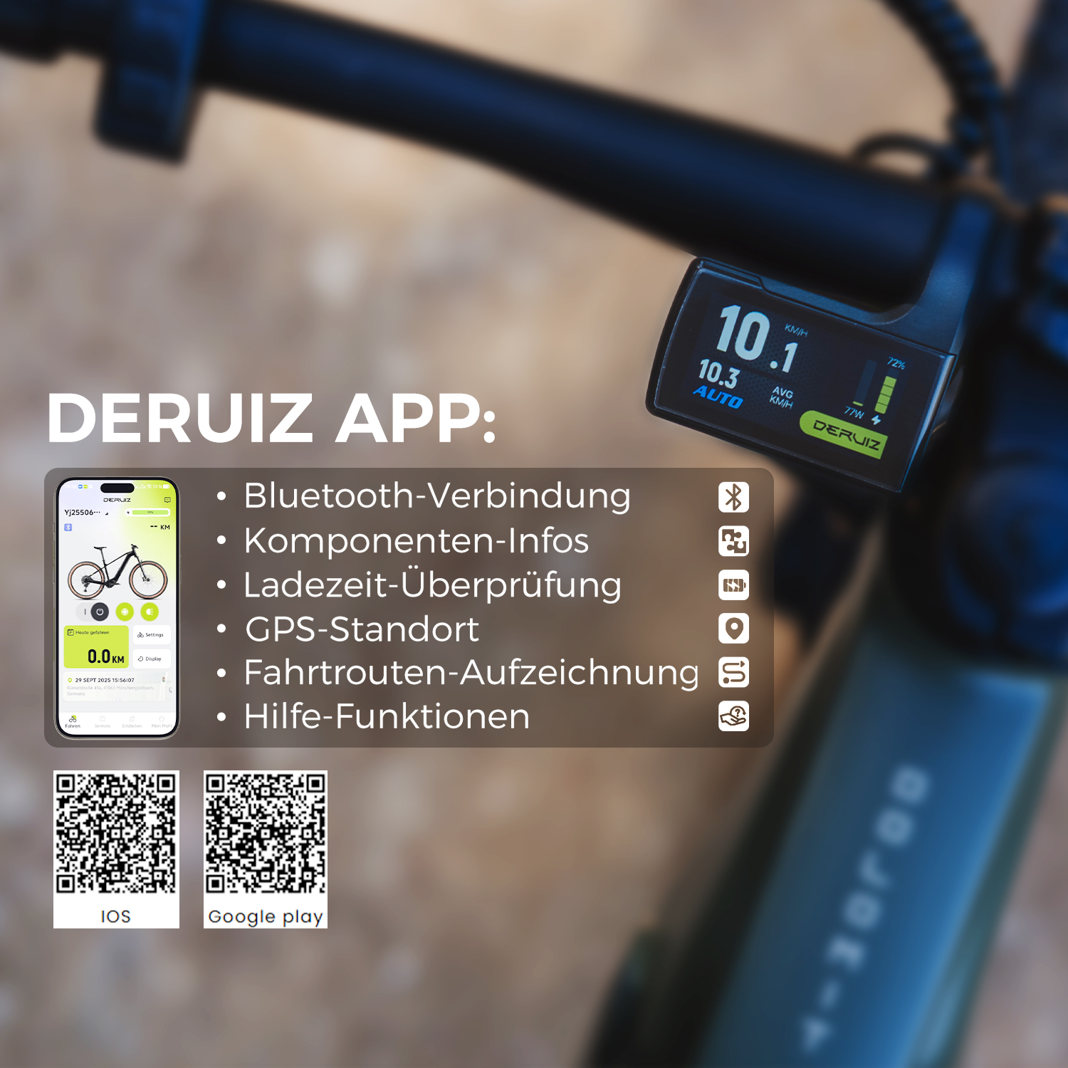E-Bike Display zeigt 10.1 km/h, App-Liste mit Funktionen, QR-Codes für iOS/Android.