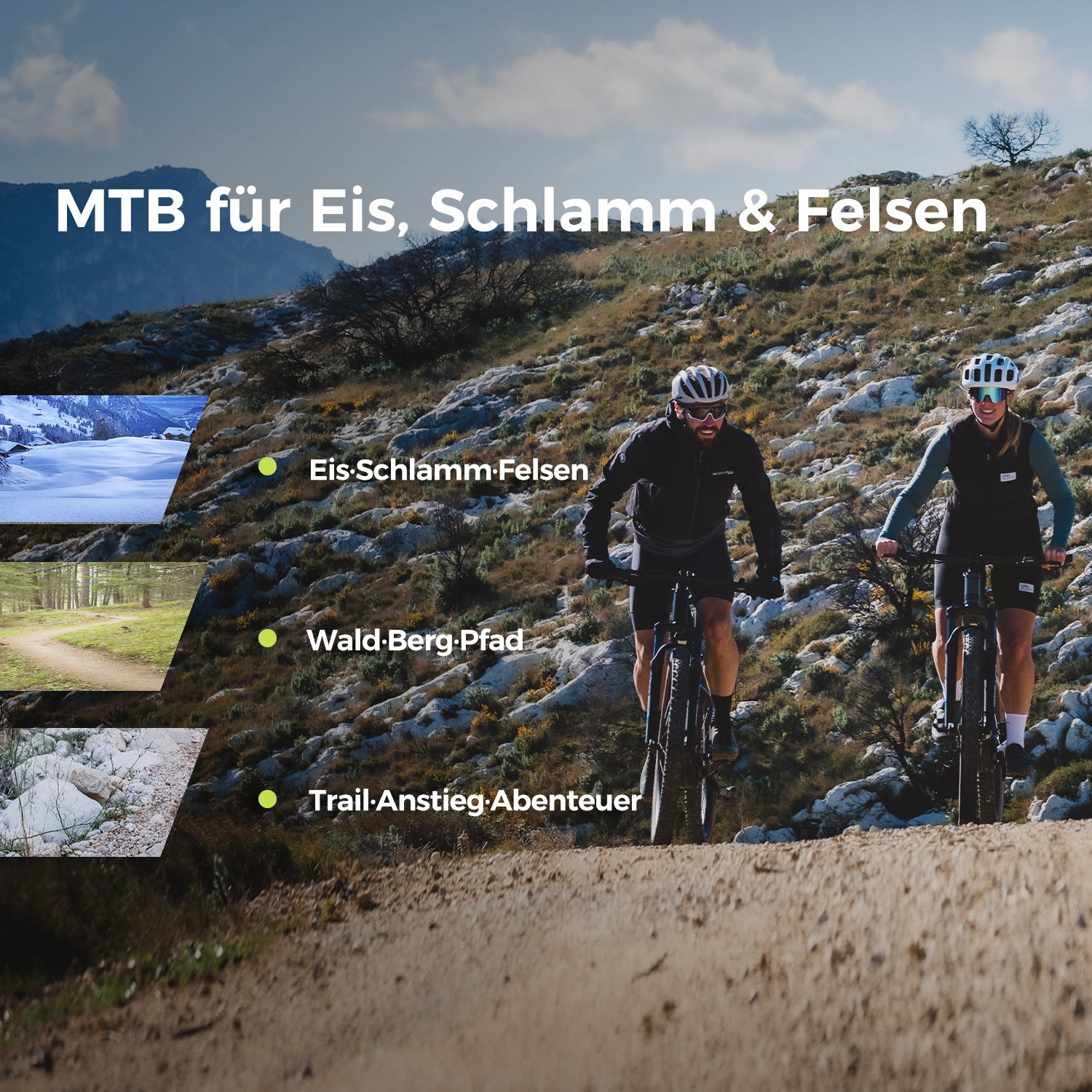 Zwei Radfahrer auf einem Schotterweg mit felsiger Landschaft im Hintergrund.