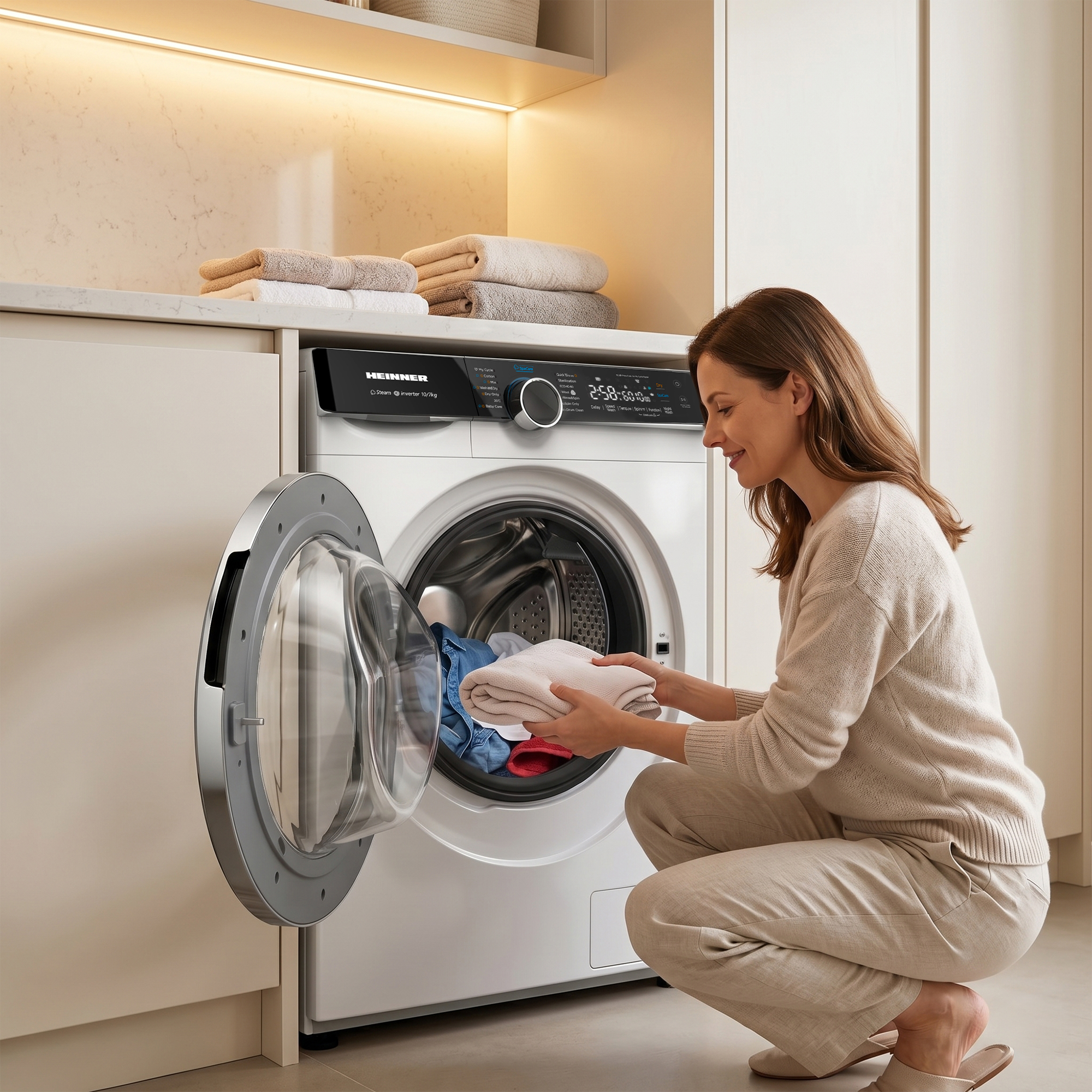 Eine Frau belädt eine Waschmaschine mit Wäsche in einem modernen Waschraum.