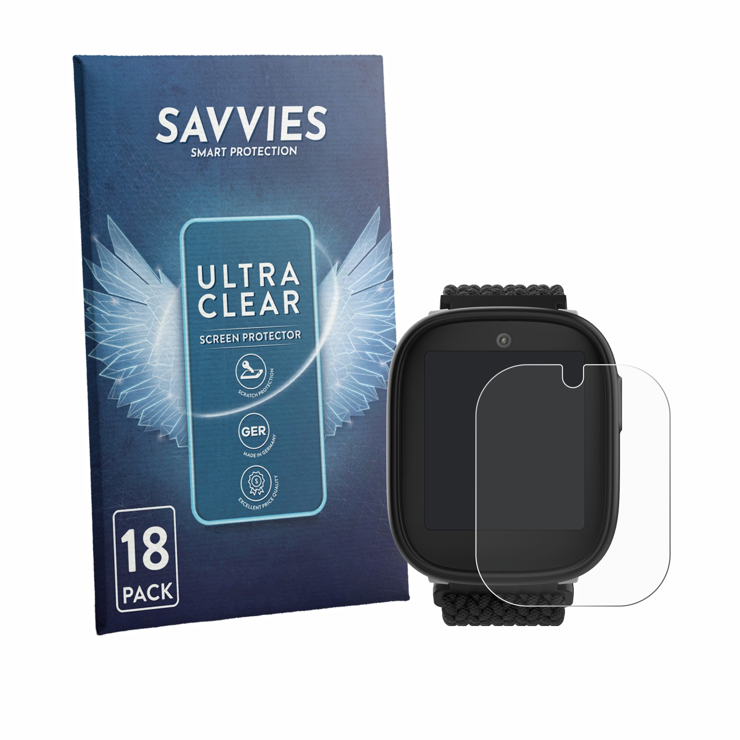 Savvies Displayschutzfolie im 18er Pack neben einer schwarzen Smartwatch.