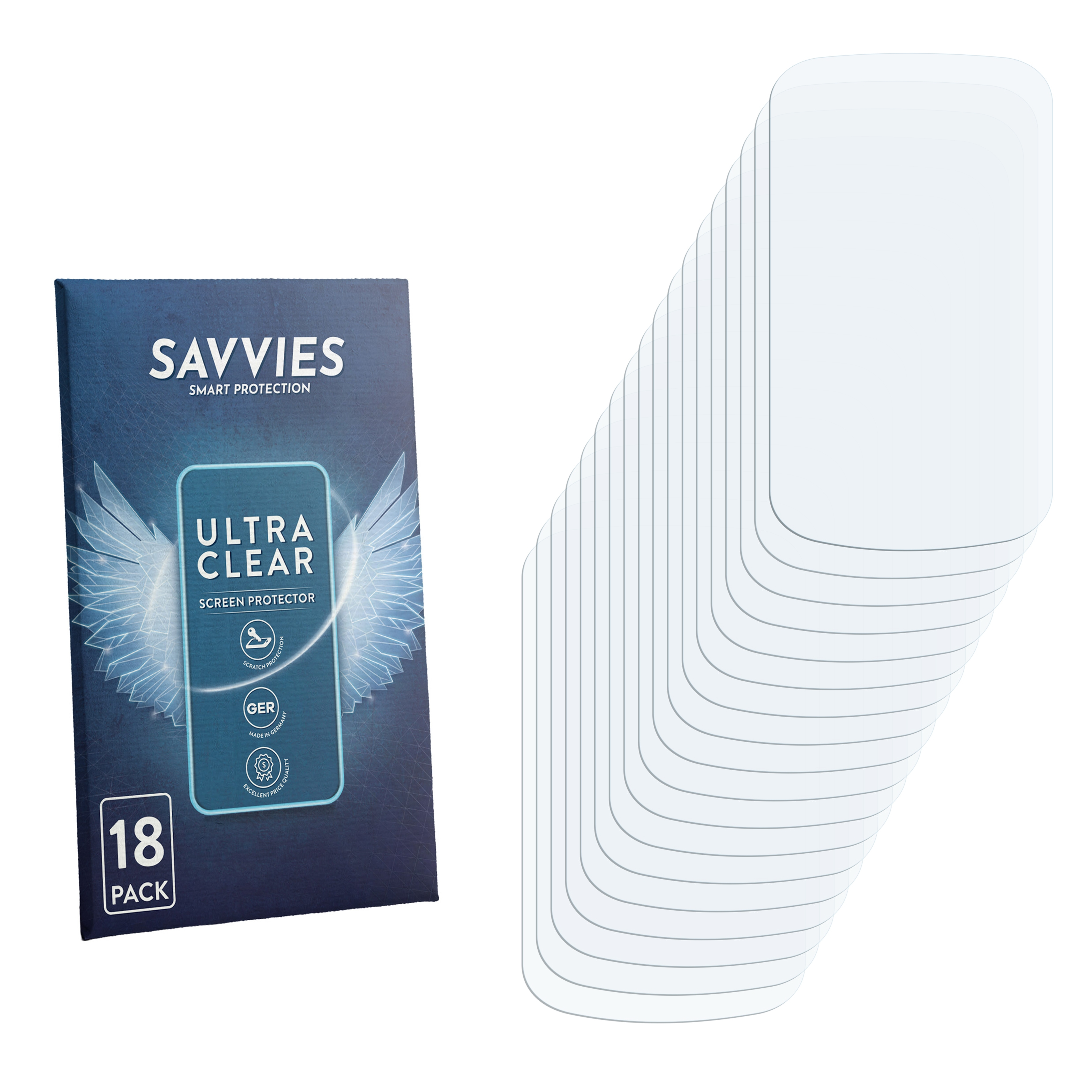 Verpackung und 18 transparente Displayschutzfolien.