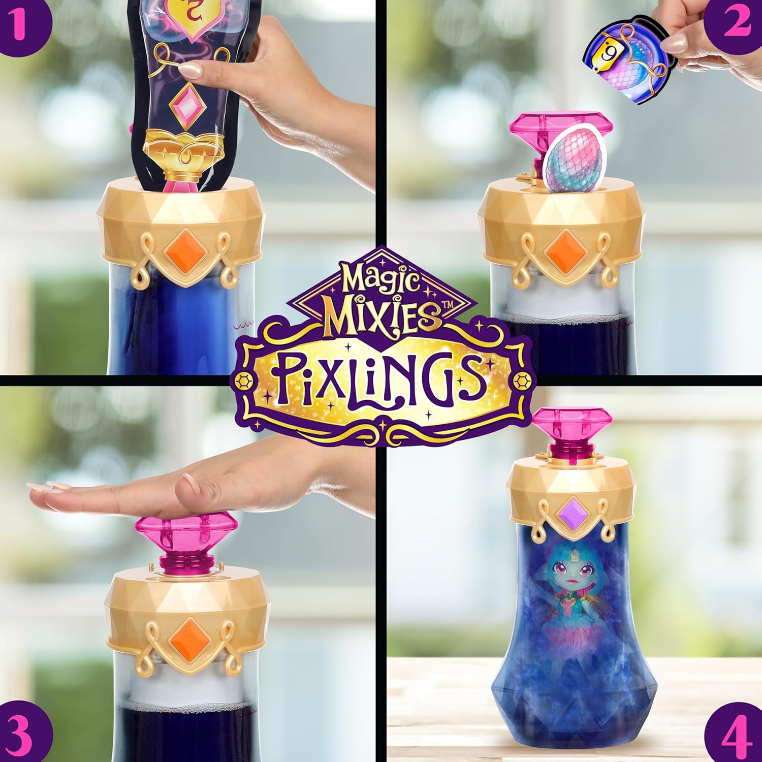 Vier Schritte zeigen, wie eine Magic Mixies Pixling-Puppe in einer Flasche hergestellt wird.