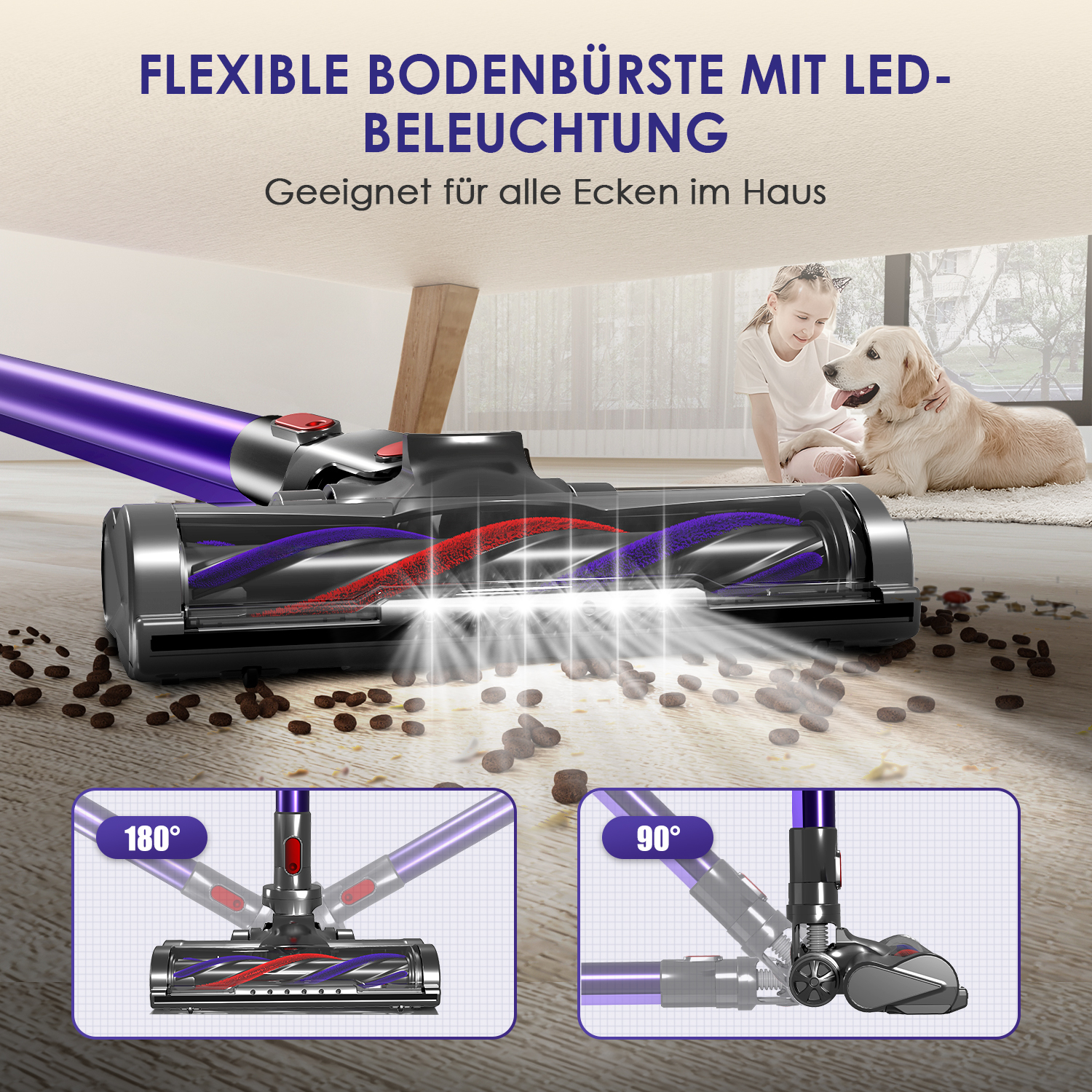 Lila Staubsaugerbürste mit LED-Licht reinigt Boden, mit Detailansichten.