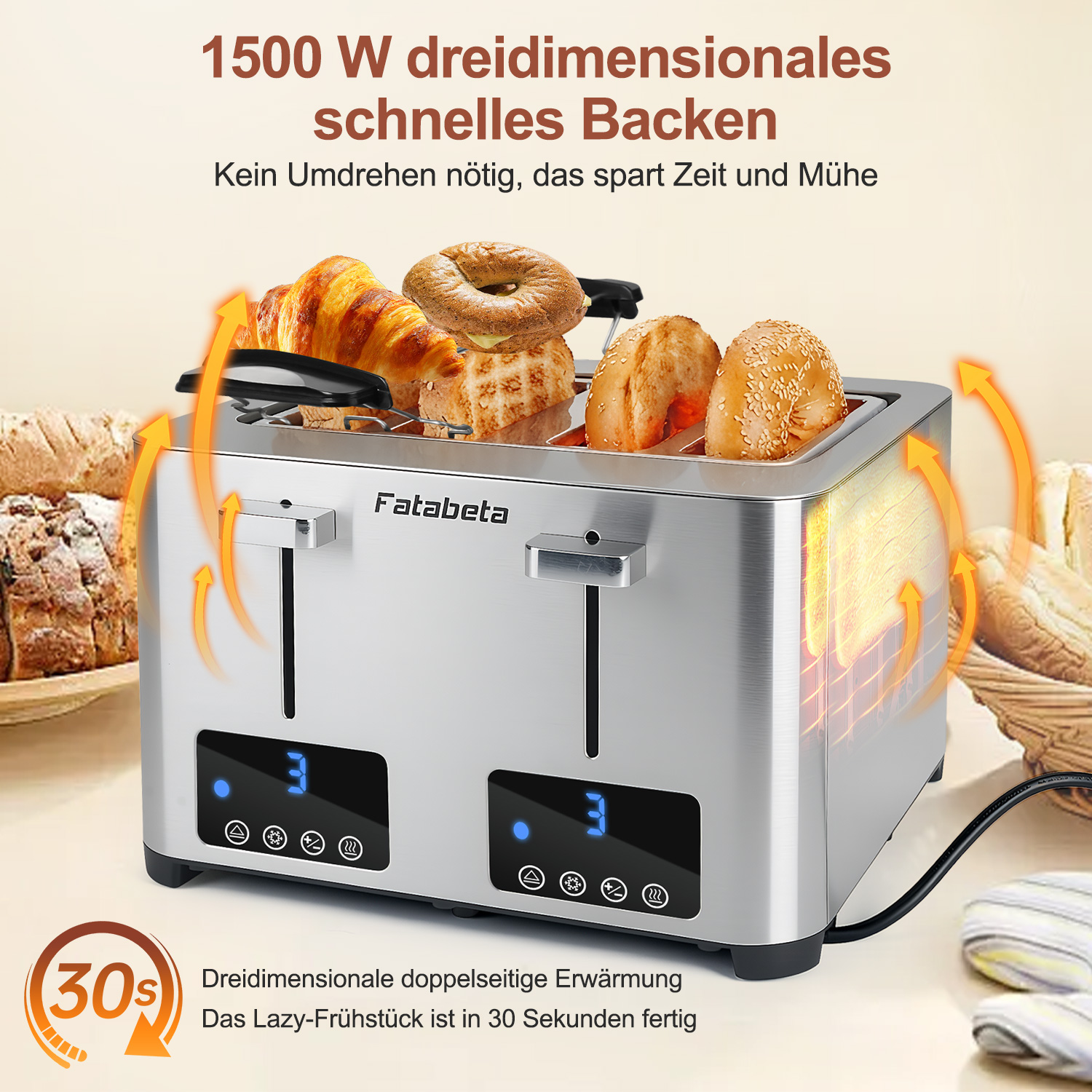 Ein silberner Toaster mit Brot, Bagels und Croissants, mit Pfeilen, die Hitze symbolisieren.