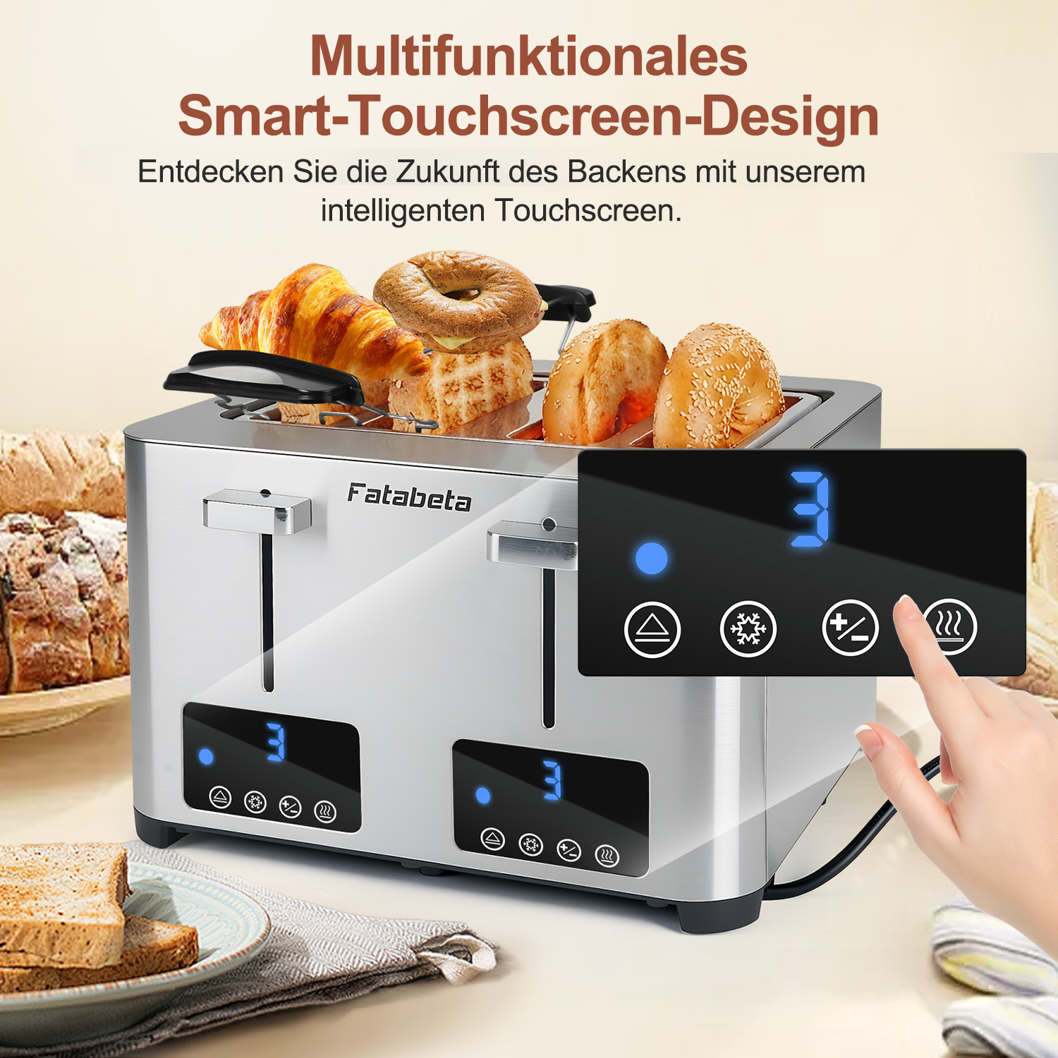 Ein silberner Toaster mit Croissant, Bagel und Brot. Ein Finger berührt den Touchscreen.