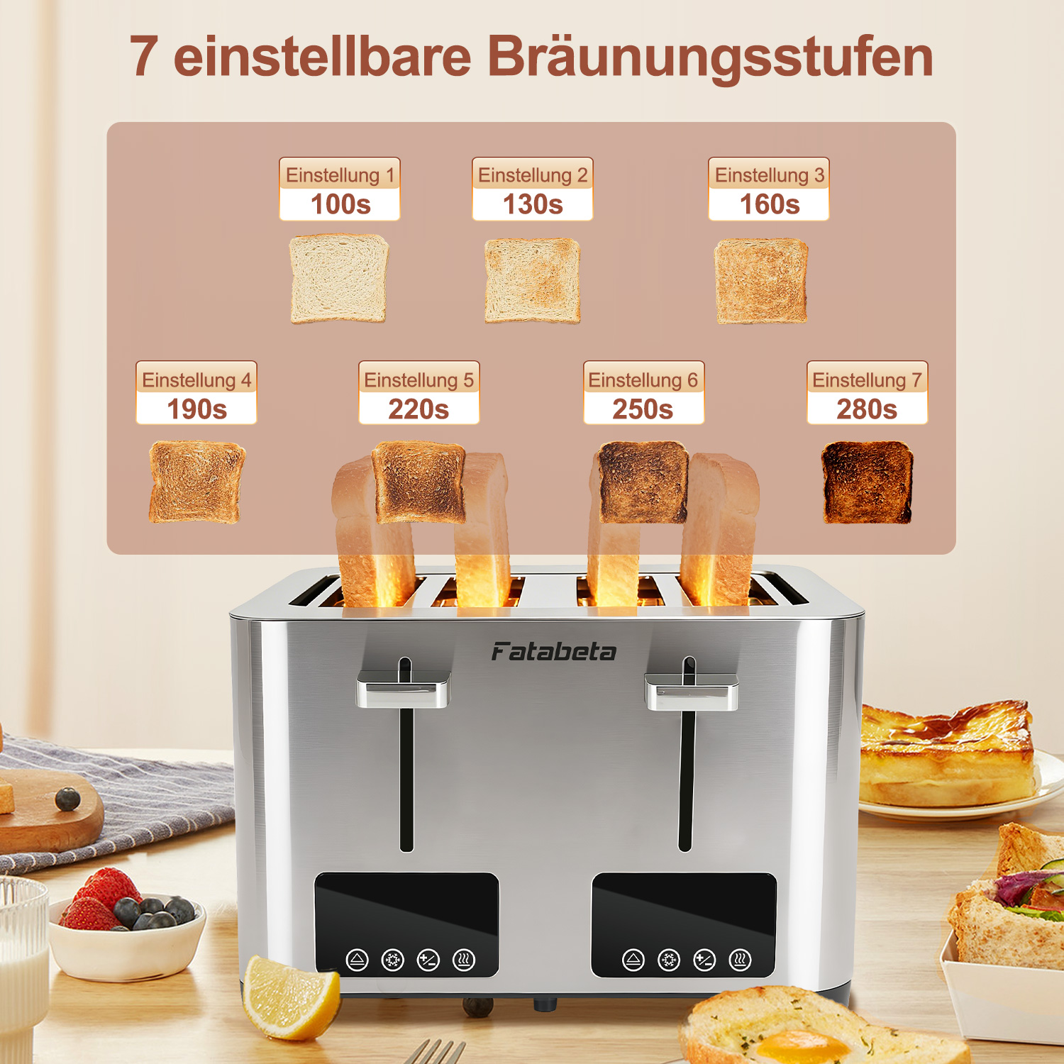 Ein silberner Toaster mit 7 Bräunungsstufen, von hell bis dunkel geröstet.