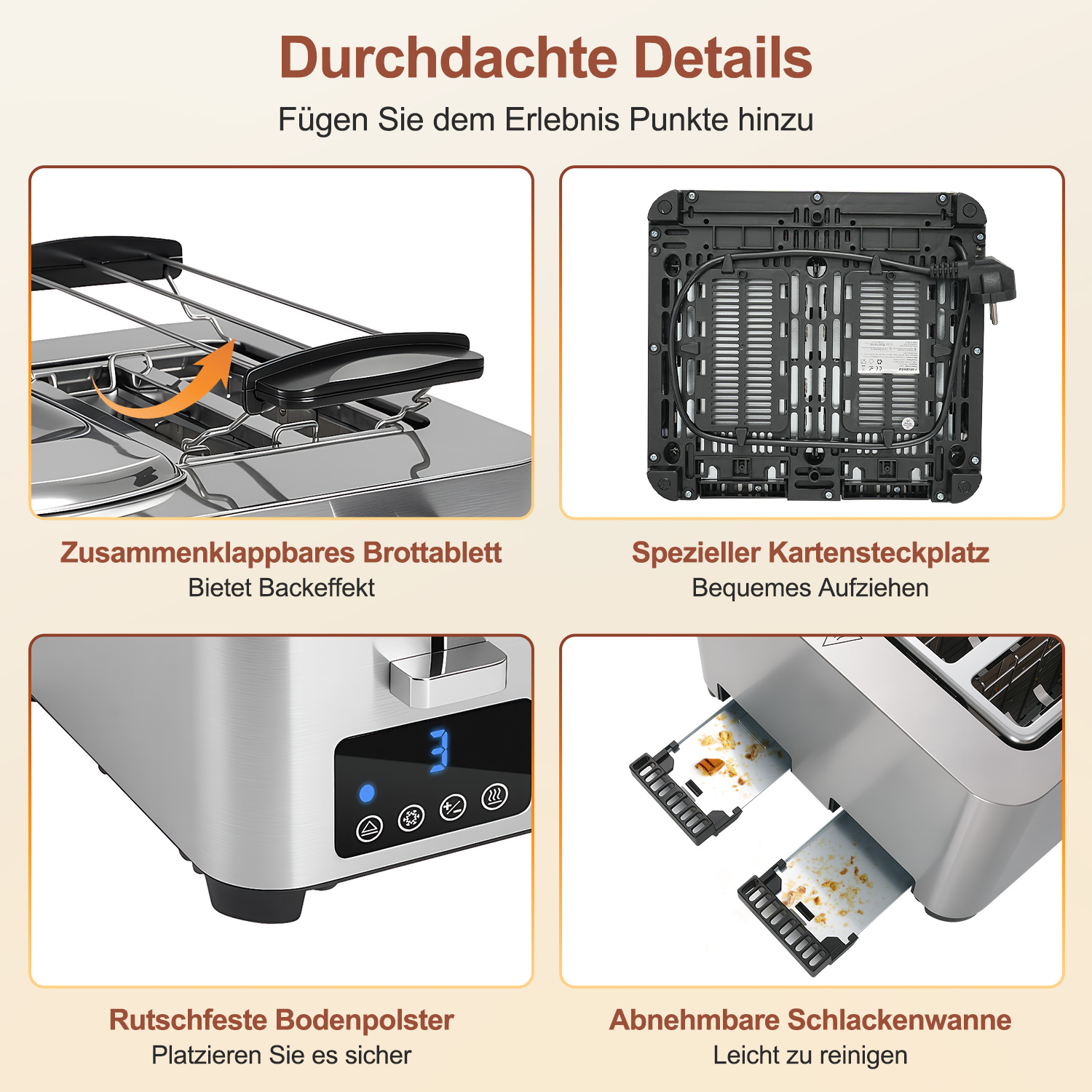 Ein Toaster mit ausklappbarem Krümelfach, Kordelaufwickler, Digitalanzeige und rutschfesten Füßen.