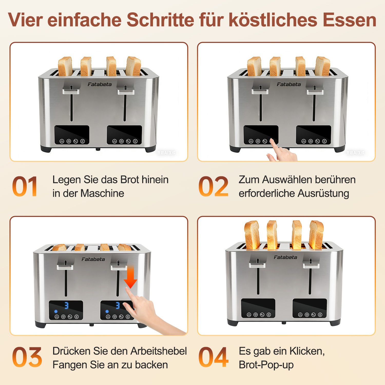 Vier Schritte: Brot einlegen, Einstellungen wählen, Hebel drücken, Toast poppt auf.