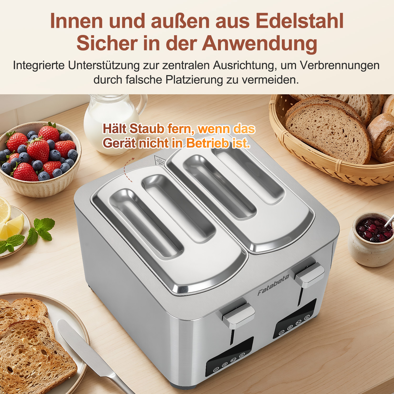 Ein silberner Toaster auf einem Holztisch, daneben Brot, Beeren und Marmelade.