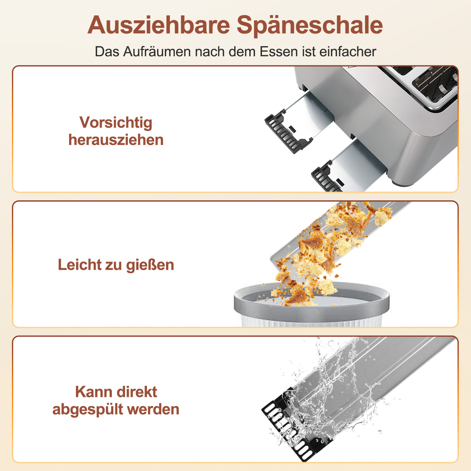 Ausziehbare Krümelschale eines Toasters wird gezeigt.