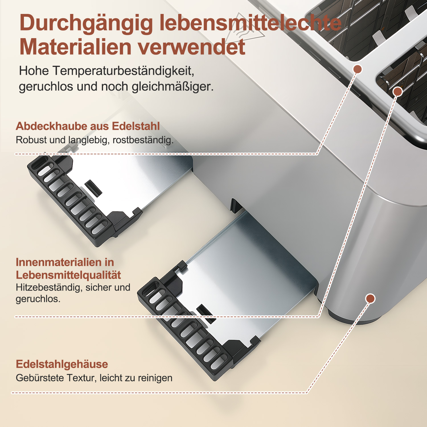 Edelstahl-Toaster mit ausziehbaren Fächern und Hinweisen zu Materialien.