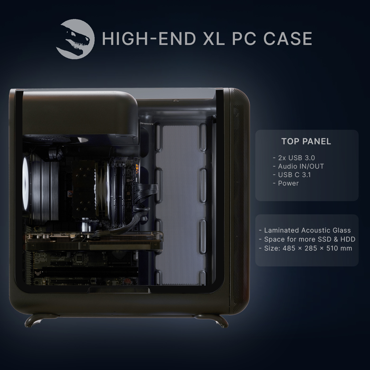Wysokiej klasy obudowa PC XL z widocznymi komponentami i specyfikacją.