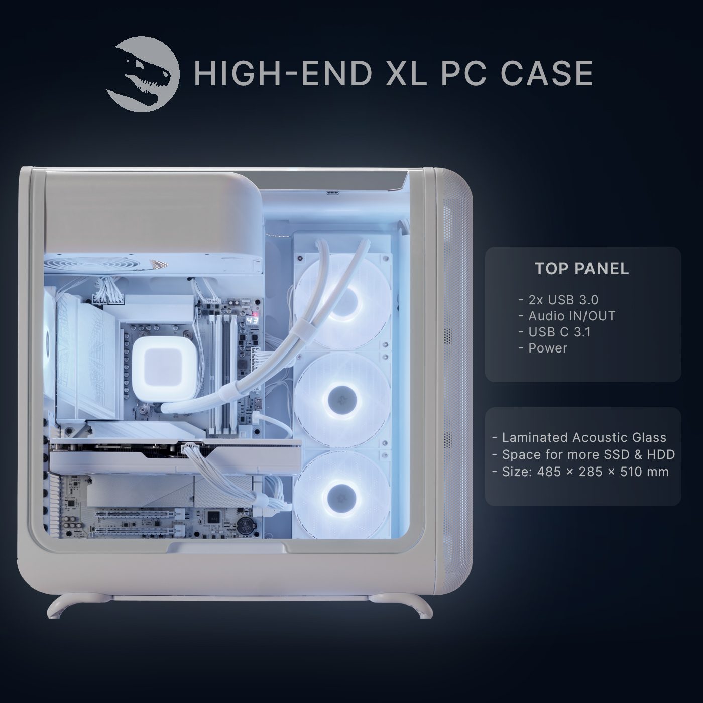 Ein weißes High-End XL PC-Gehäuse mit beleuchteten Lüftern und Komponenten.