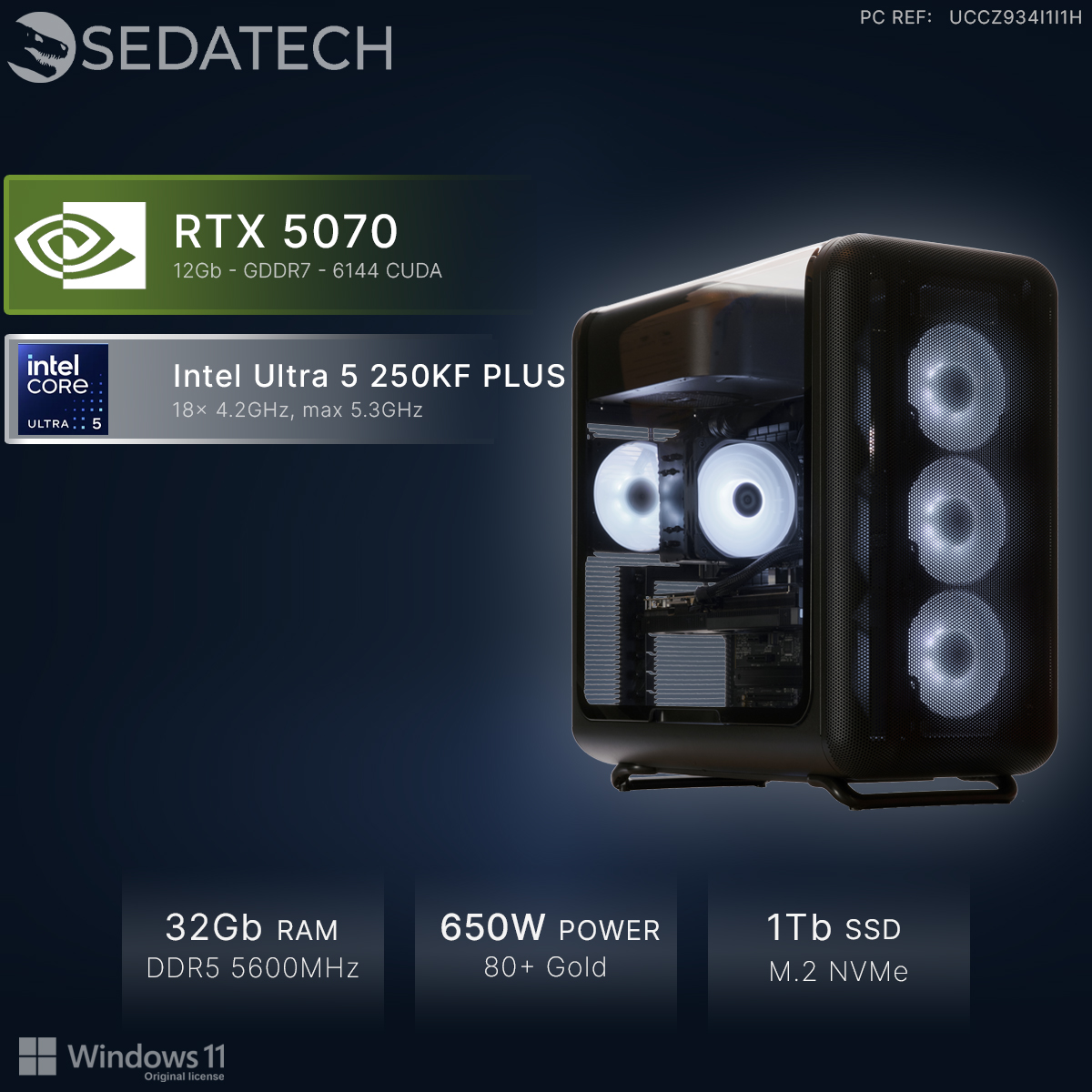 Un PC con RTX 5070, Intel Ultra 5, 32 GB RAM, alimentatore 650W e SSD da 1 TB.