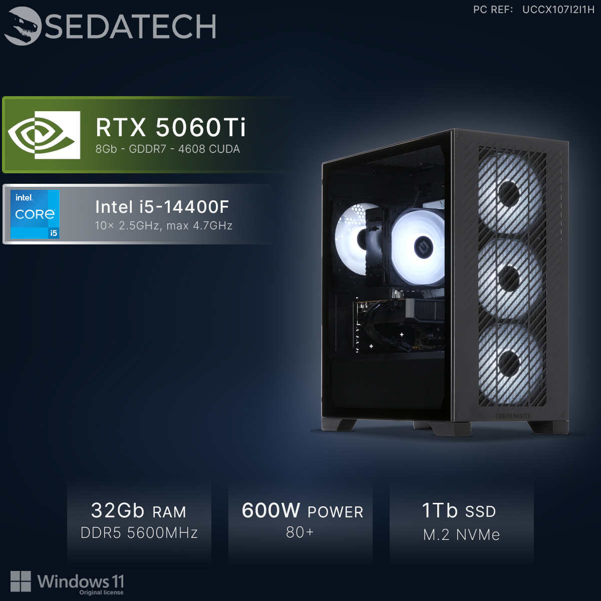 Un PC Sedatech con Intel i5, RTX 5060Ti, 32GB RAM, 1TB SSD e Windows 11.