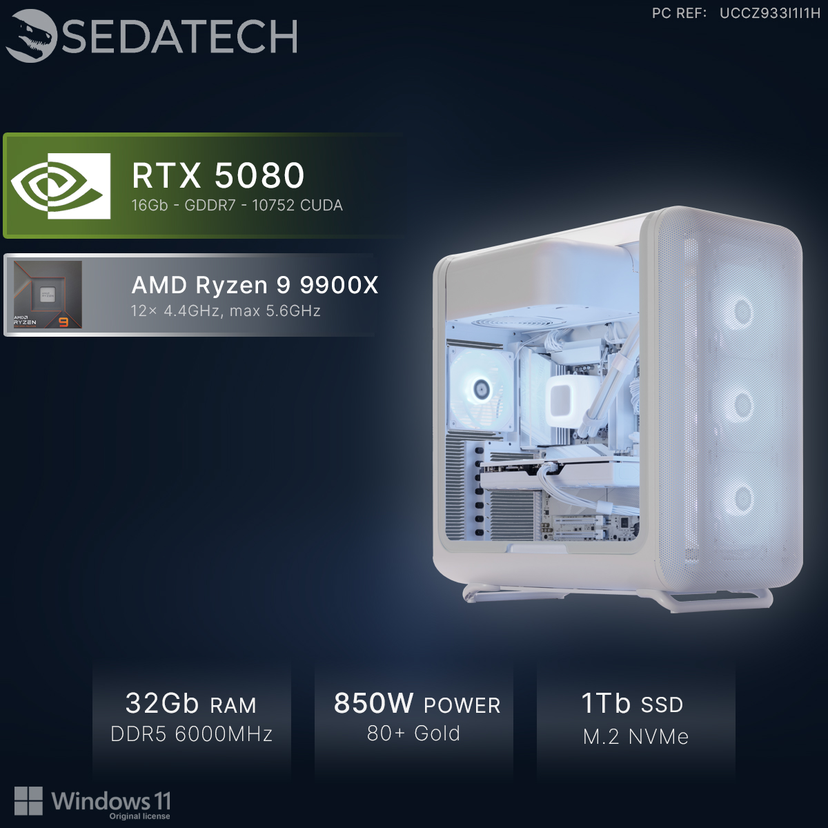 Un PC bianco con RTX 5080, Ryzen 9 9900X, 32GB RAM, PSU 850W, SSD 1TB.