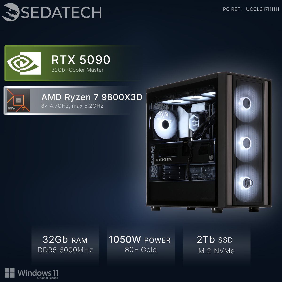 Un PC da gaming con RTX 5090, Ryzen 7, 32GB RAM, alimentatore 1050W e SSD 2TB.