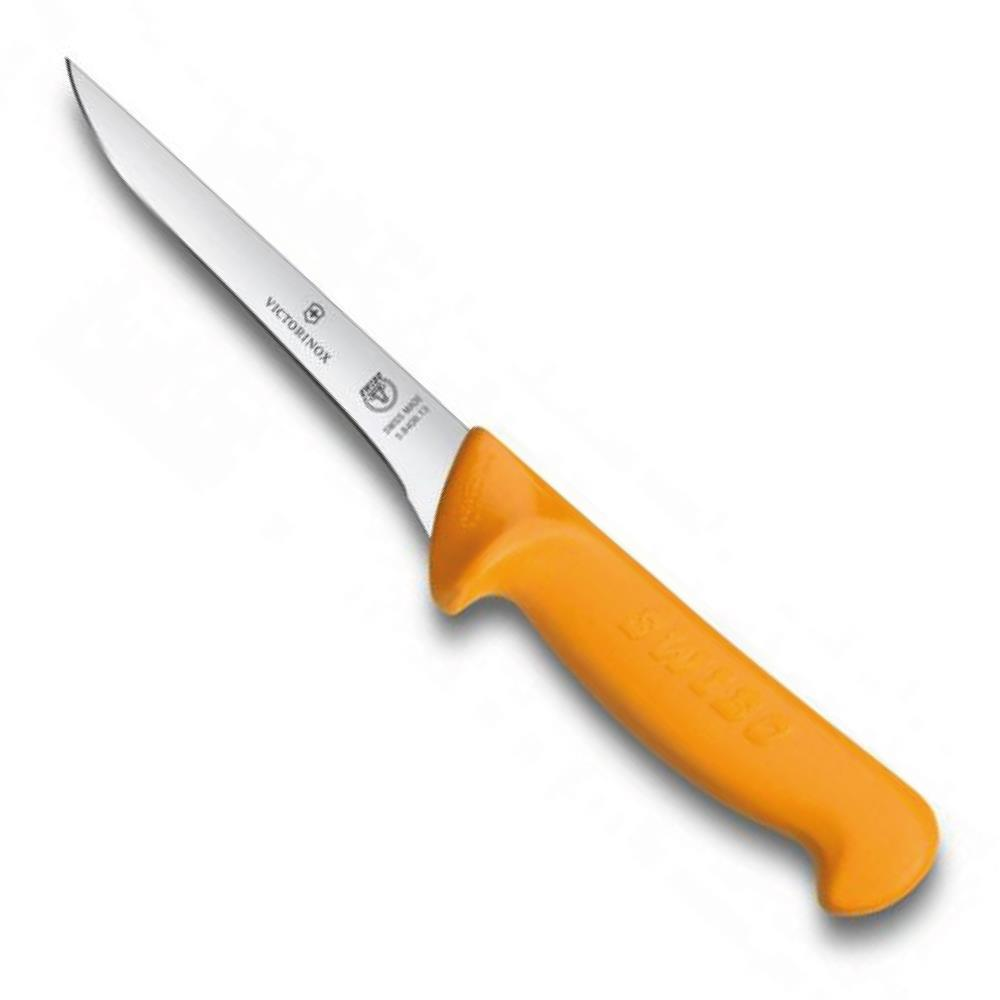Turuncu saplı gümüş Victorinox bıçağı, beyaz arka planda izole edilmiş.