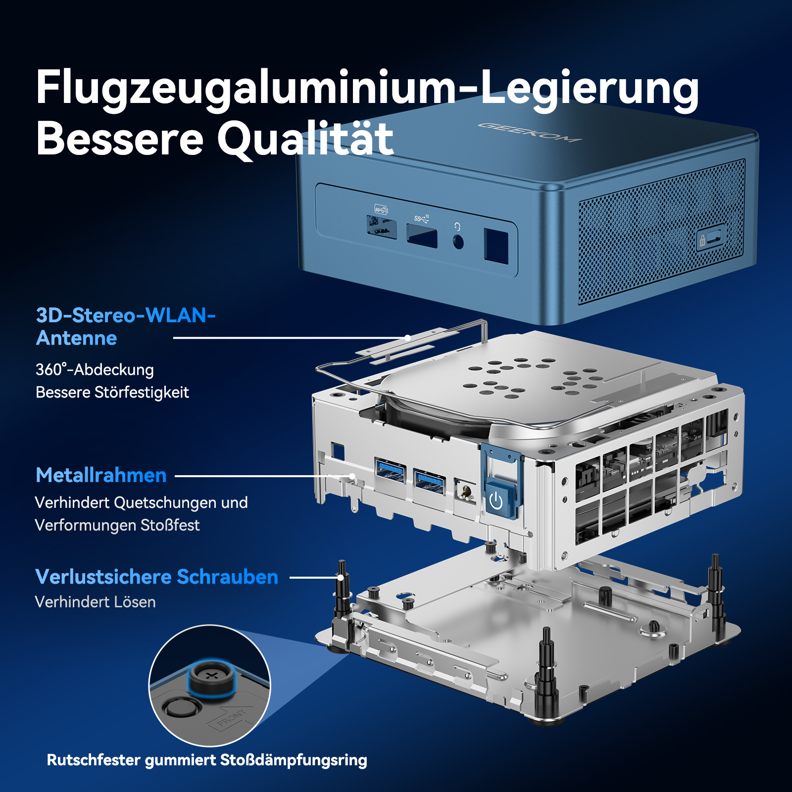 Explosionszeichnung eines blauen Mini-PCs aus Flugzeugaluminiumlegierung mit technischen Details.