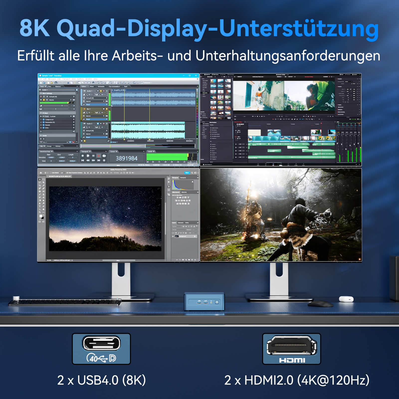 Vier Bildschirme zeigen Audio-, Video-Bearbeitungssoftware und ein Spiel.
