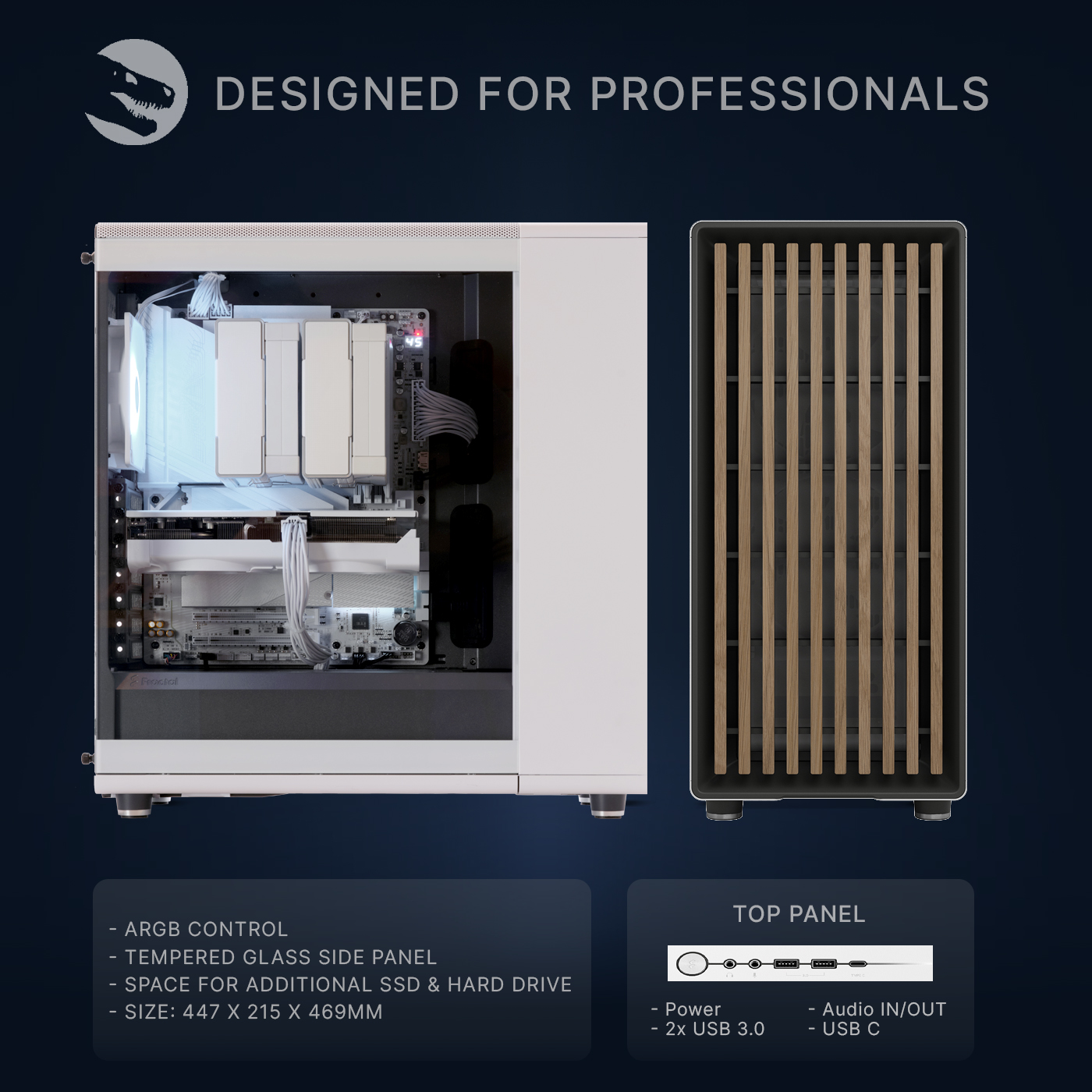 Een witte pc-behuizing met glazen zijpaneel en houten lamellen aan de voorkant.