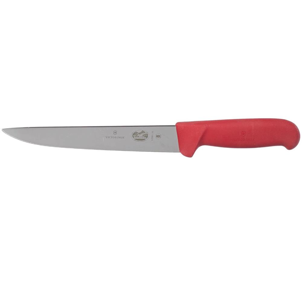 Kırmızı bıçaklı ve kırmızı saplı bir Victorinox bıçağı beyaz zeminde duruyor.