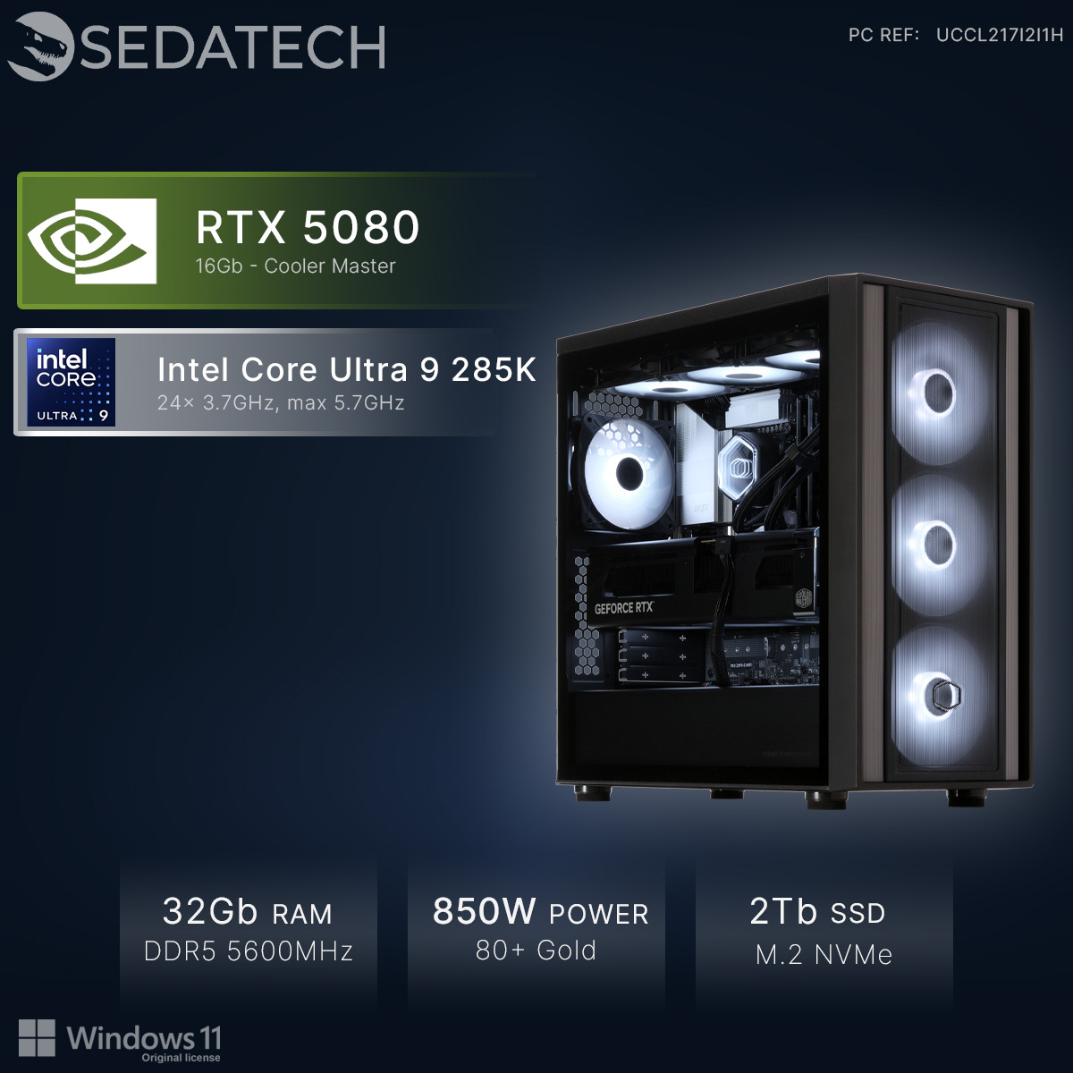 PC Sedatech: Intel Core Ultra 9, RTX 5080, 32GB RAM, Alimentatore 850W, SSD 2TB, Win 11.