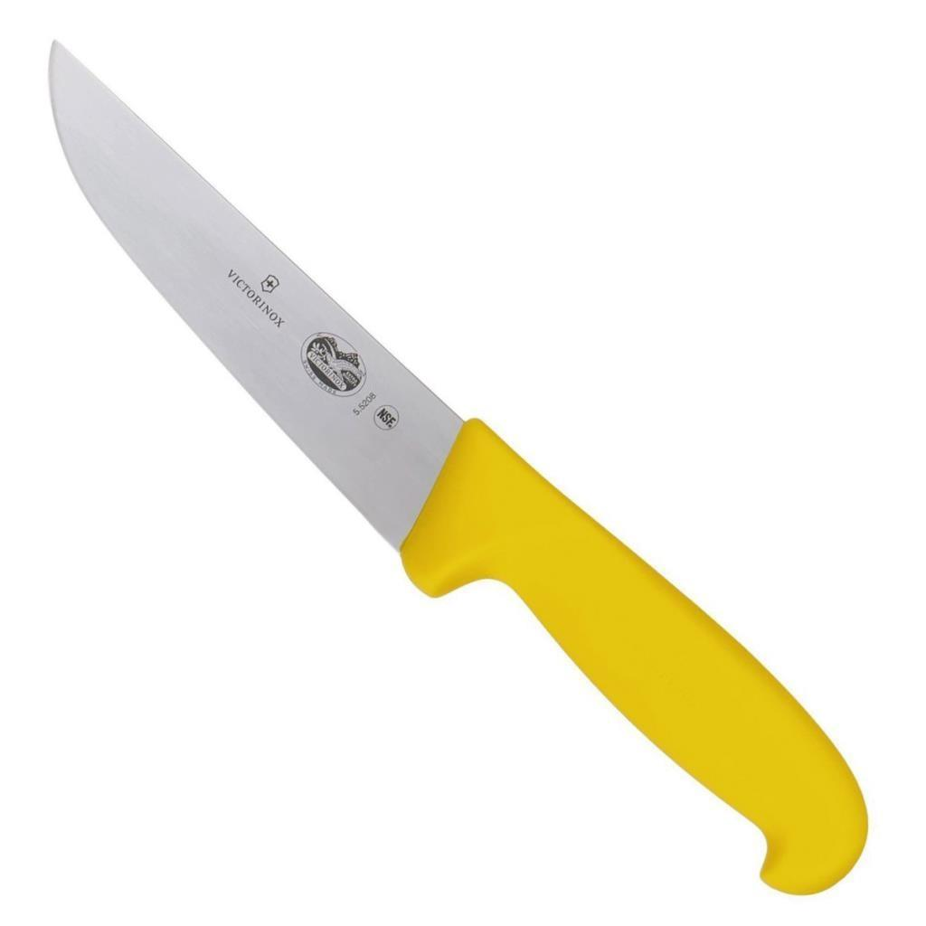 Sarı saplı ve gümüş bıçaklı bir Victorinox bıçağı.