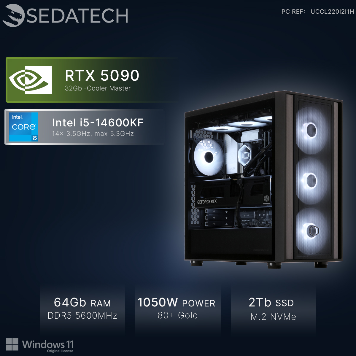 Un PC con Intel i5, RTX 5090, 64GB RAM, alimentatore 1050W e SSD 2TB.
