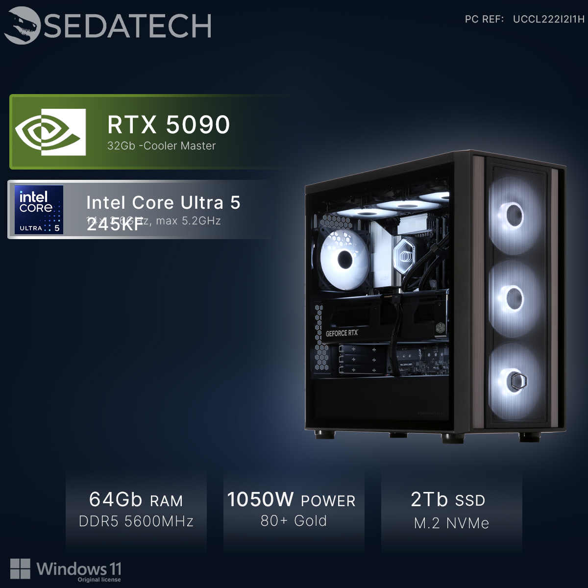 Komputer z RTX 5090, Intel Core Ultra 5, 64GB RAM, zasilacz 1050W i dysk 2TB.