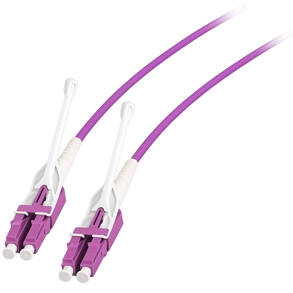 Due cavi in fibra ottica viola con connettori bianchi e viola su sfondo nero.