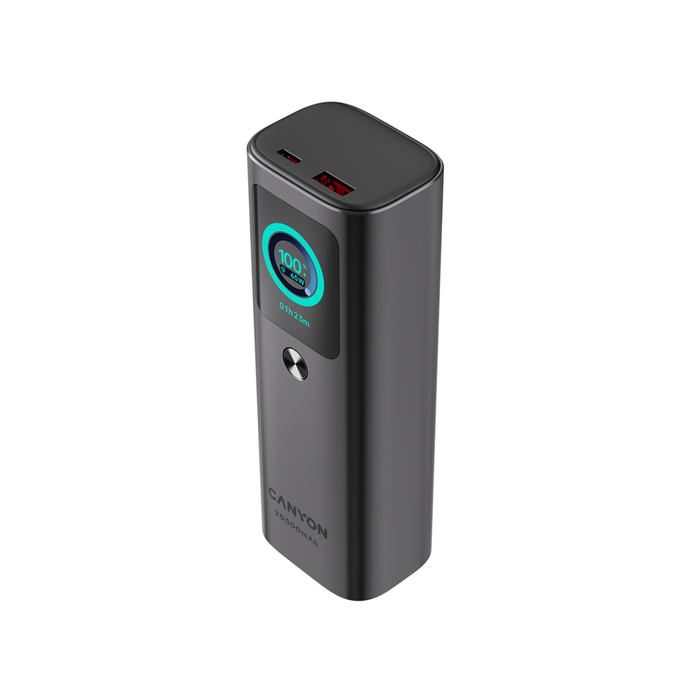 Szara powerbanka Canyon 20000mAh, wyświetlacz pokazuje 100% i 65W.