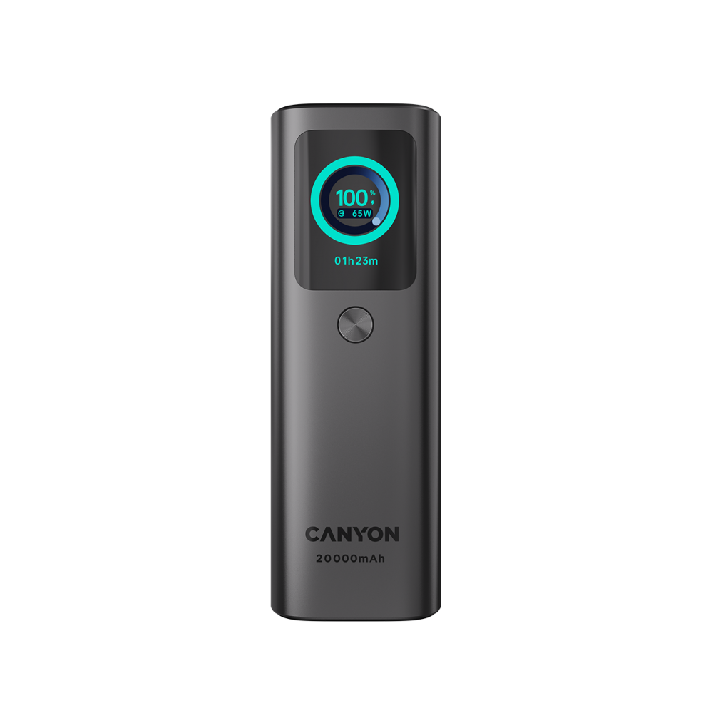 Power bank Canyon z 100% naładowania, moc 65W, pozostały czas 1h 23m.