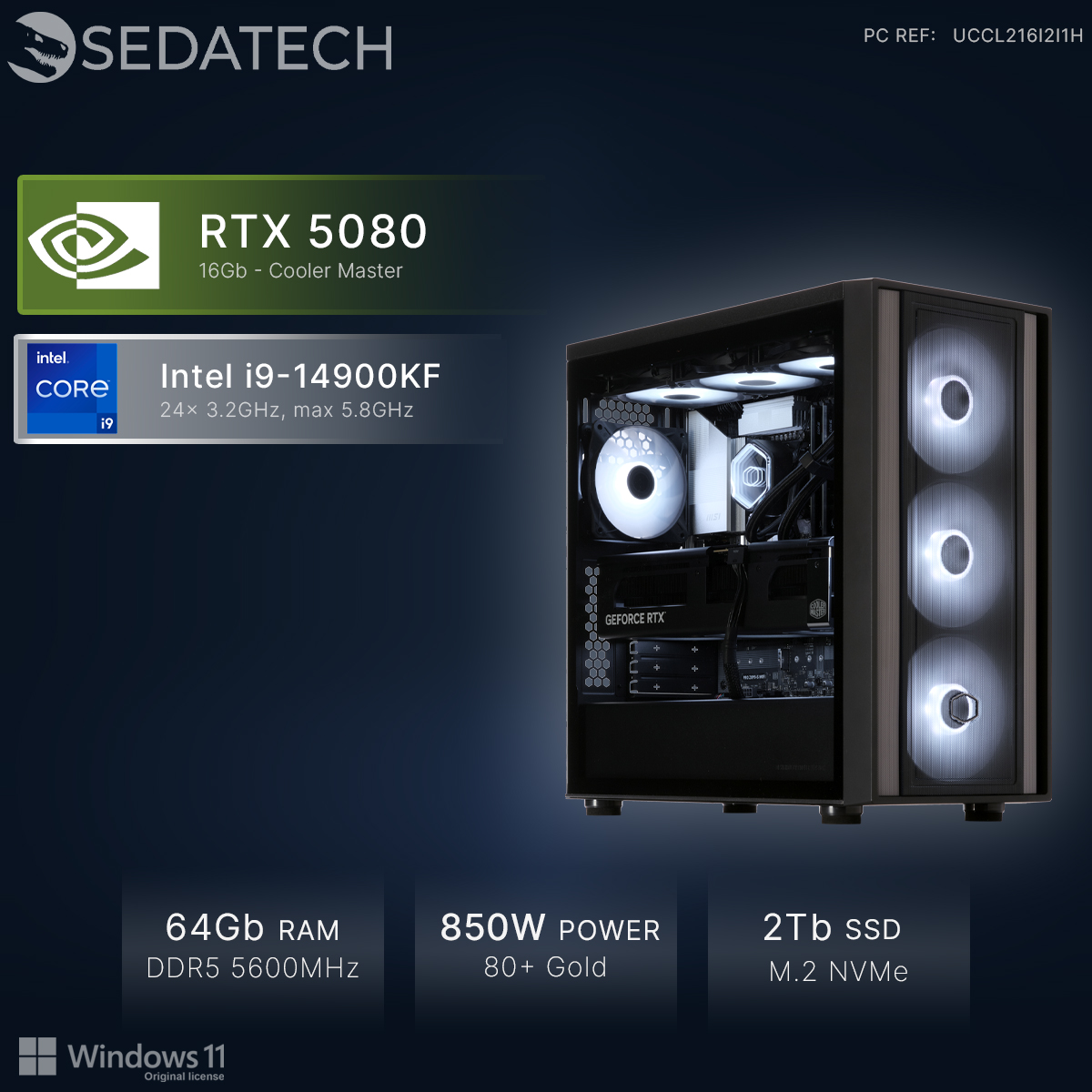 Ein leistungsstarker PC mit RTX 5080, Intel i9, 64 GB RAM, 850W Netzteil.