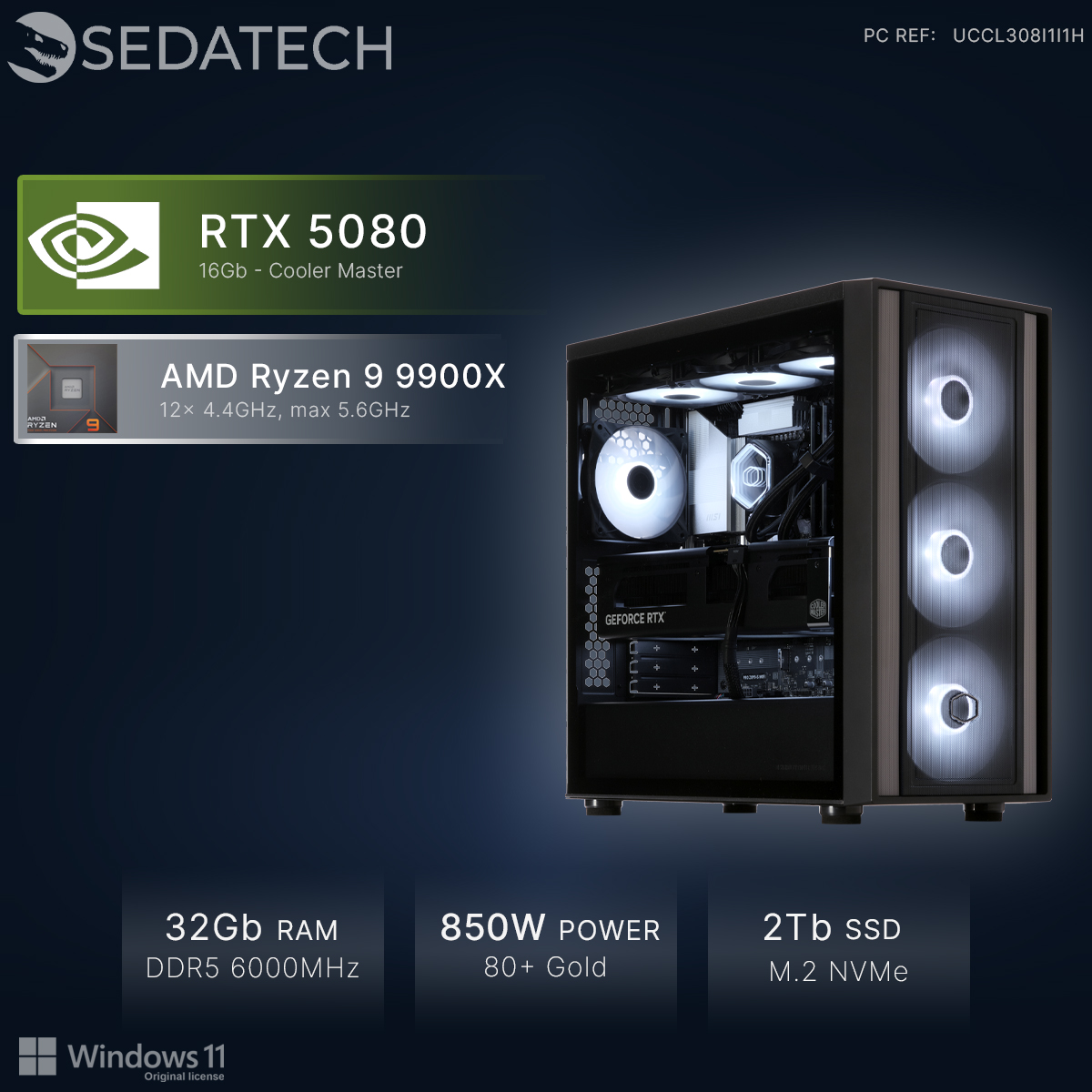 Un PC illuminato con RTX 5080, Ryzen 9 9900X, 32GB RAM, alimentatore 850W.