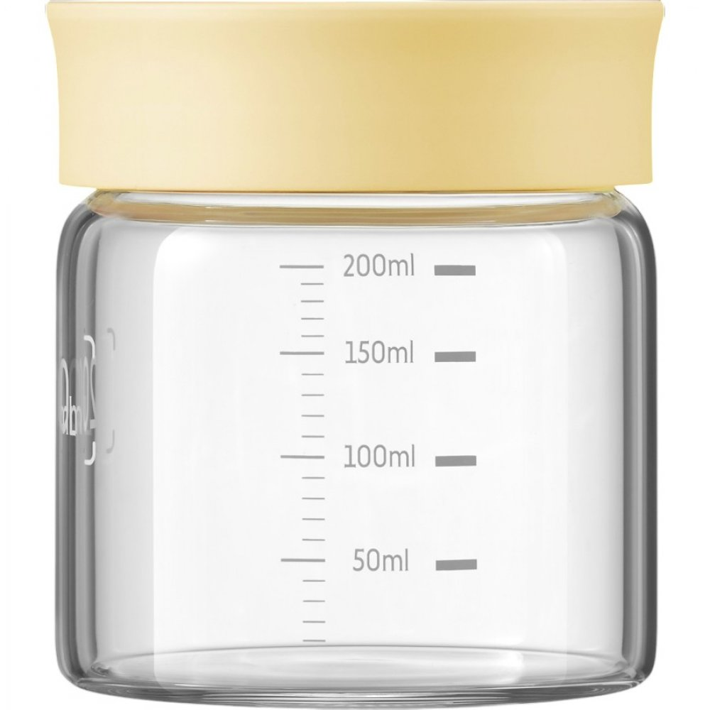 Szklany pojemnik z podziałką do 200 ml i żółtą pokrywką.